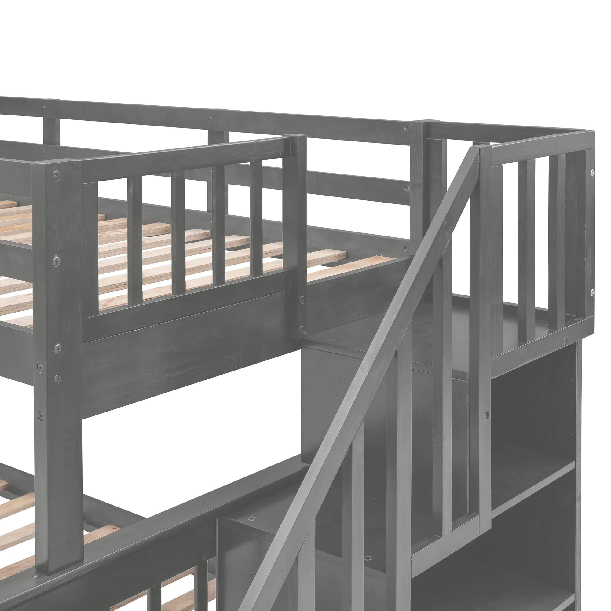P PURLOVE Twin-Over-Full Bunk Bed with Drawer & Side Storage - Solid Wood Bunk Bed for Kids, Teens & Adults - Space-Saving Solution for Small Bedrooms, Dorm Rooms & Guest Rooms