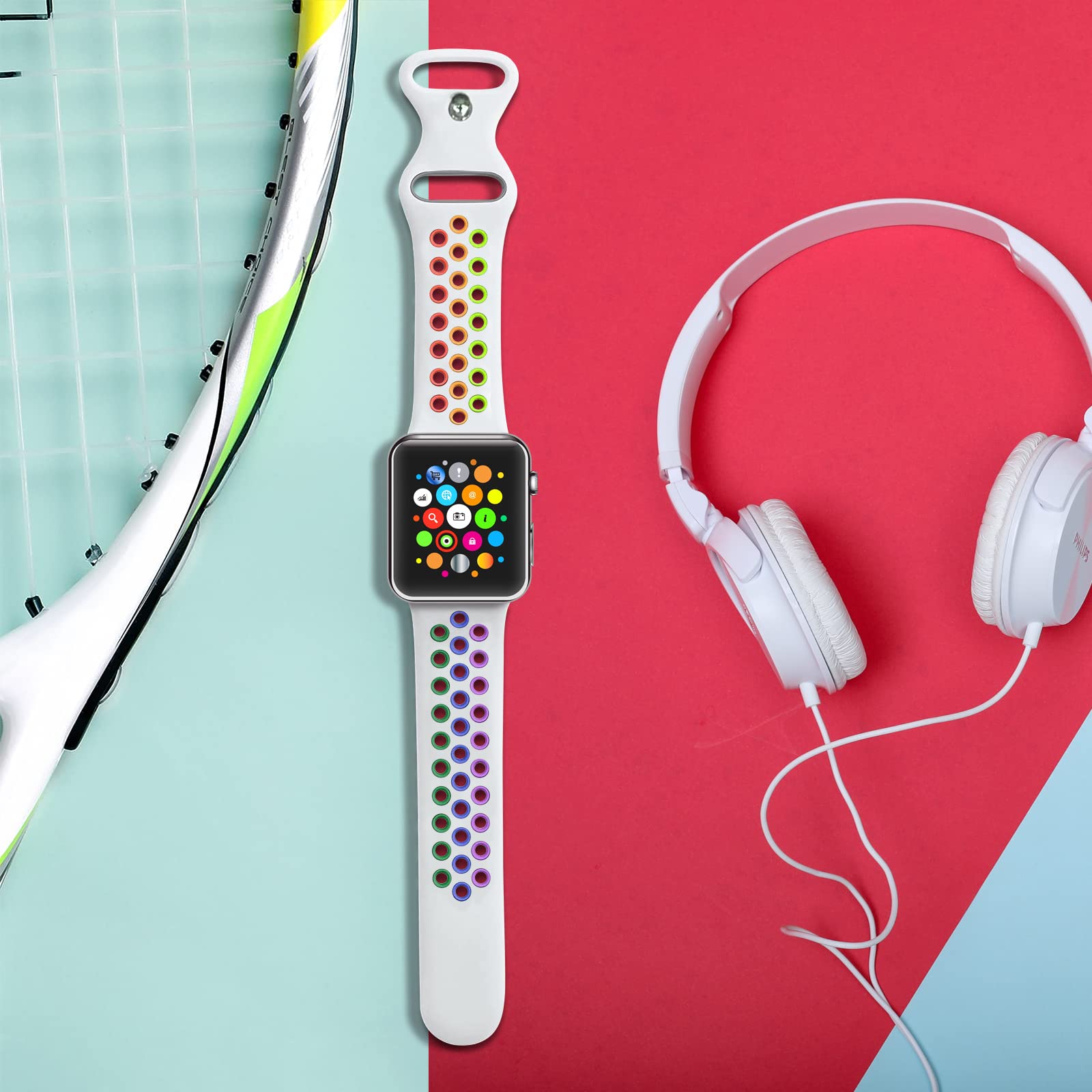 Rainbow Sport Silicone Apple Watch Bands - Compatible with 38mm/40mm/41mm/42mm/44mm/45mm/49mm iWatch SE & Series 1-9 - Soft Breathable Replacement Strap for Women & Men - Perfect for Running, Gym Workouts & Daily Wear