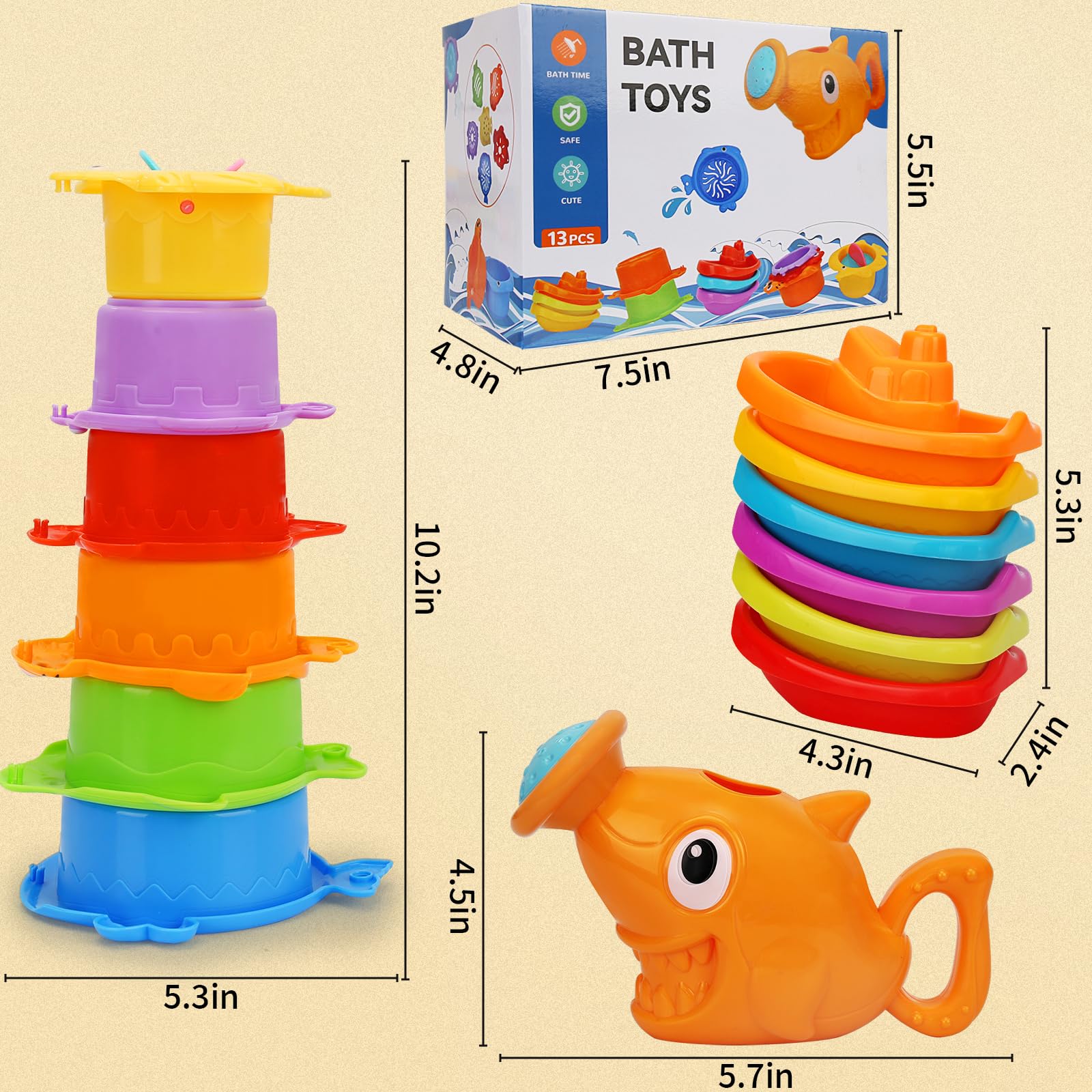 13 Pcs Non-Toxic Baby Bath Toys for Toddlers Ages 1-4 | Mold-Free Bathtub & Water Table Toys Set with Stacking Cups & Watering Can | Perfect for Infants 6-18 Months & Kids 2-3 Years Old | Fun Sensory Play for Boys & Girls During Bath Time or Outdoor Water Activities