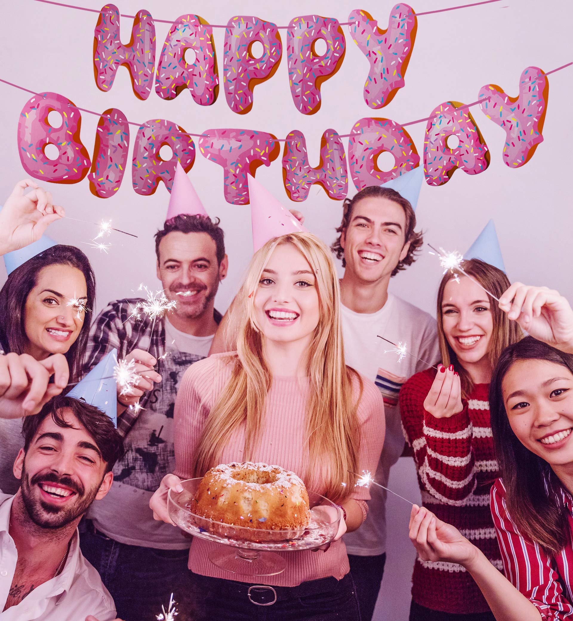 Happy Birthday Donut Banner - Pink Donut Party Decorations & Supplies for Birthday Celebrations, Baby Showers, and Donut-Themed Parties
