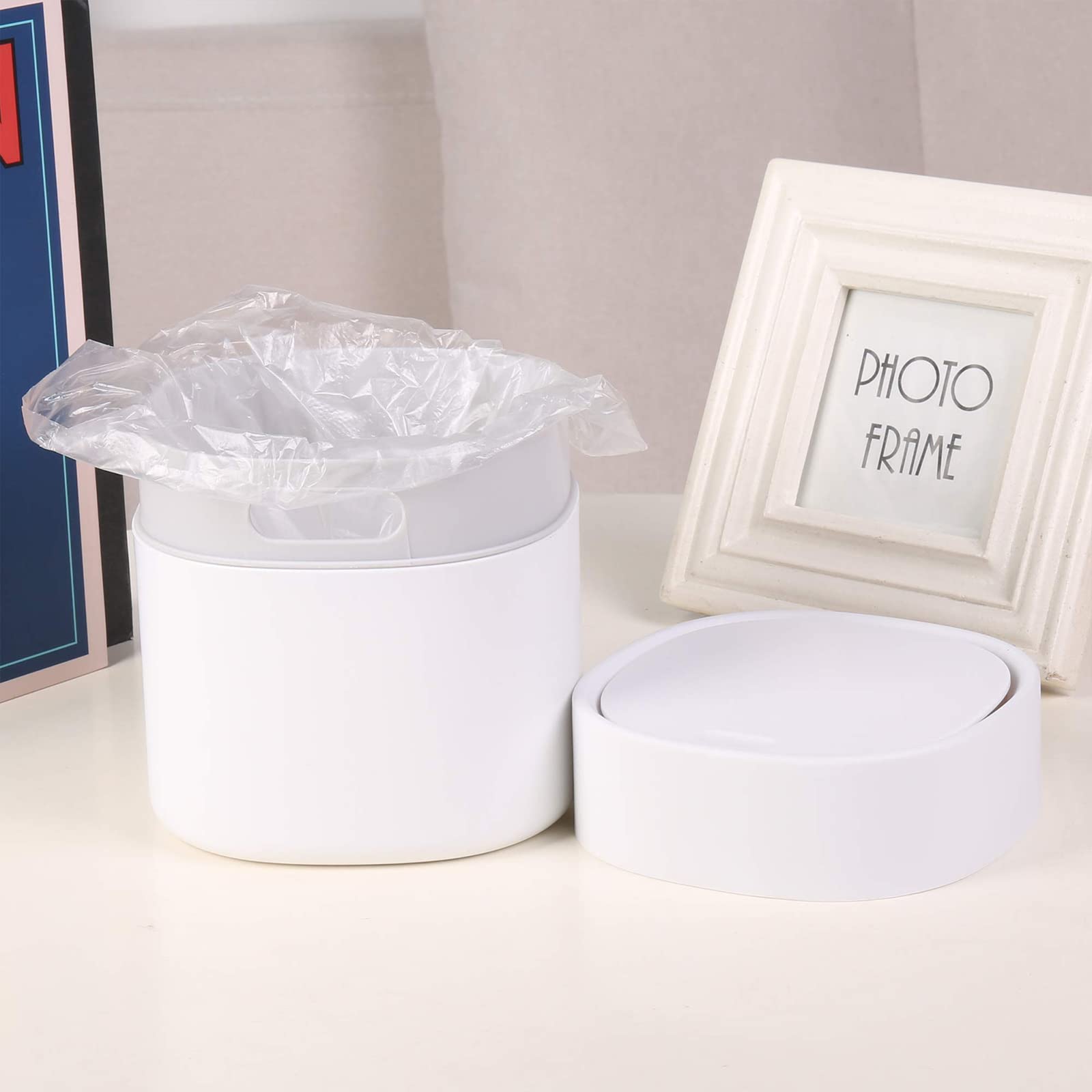 Mini Trash Can with Lid - 2L Small Waste Bin for Bathroom Vanity, Office Desk, Coffee Table - Perfect for Cotton Rounds, Makeup Sponges, Tissues (Square Press, White) | Space-Saving Home & Office Organization Solution