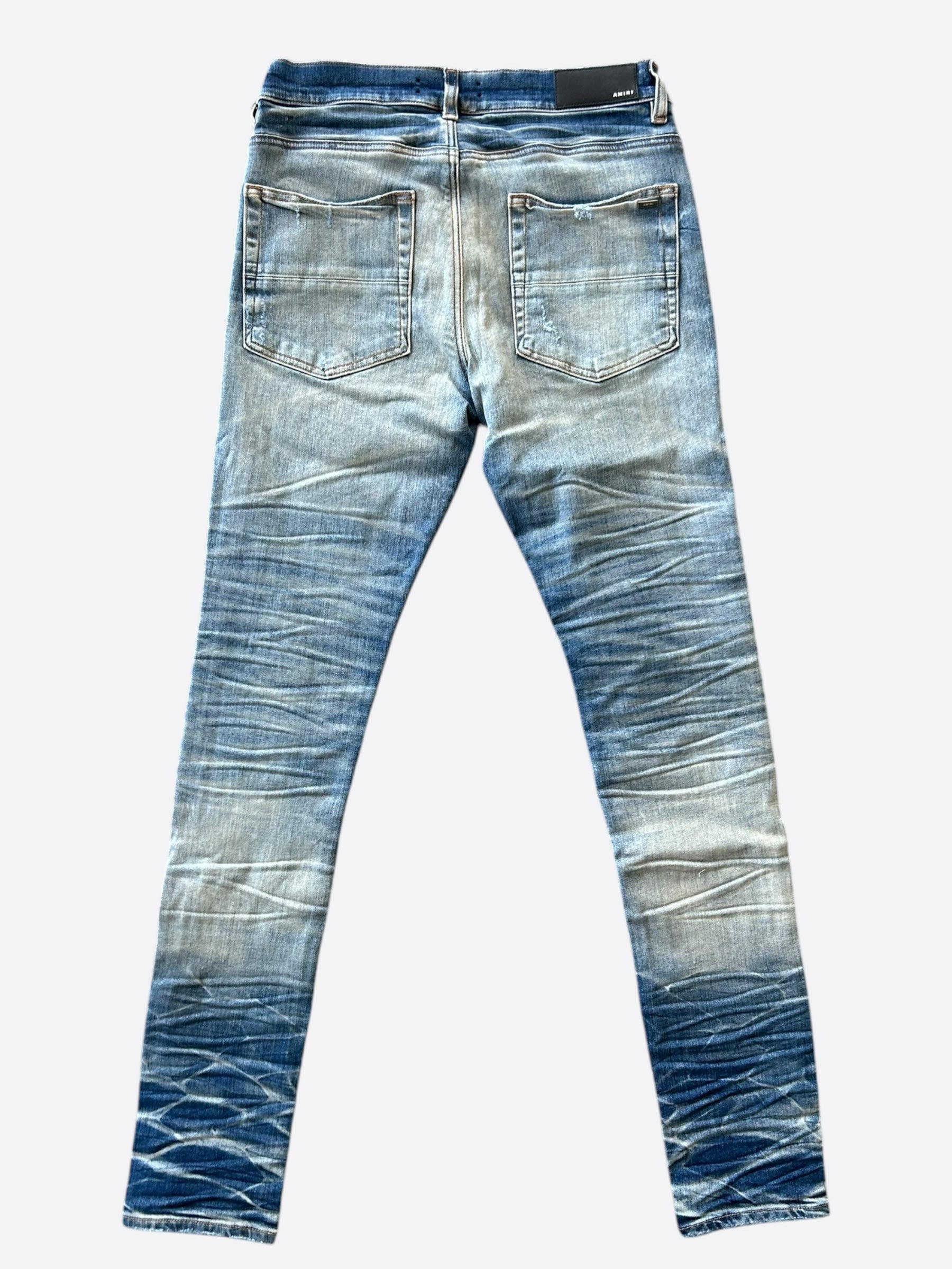 Amiri Blue MA Repair Patch MX1 Jeans - Distressed Denim Pants for Men | Stylish Ripped Skinny Jeans for Casual Wear & Night Out
