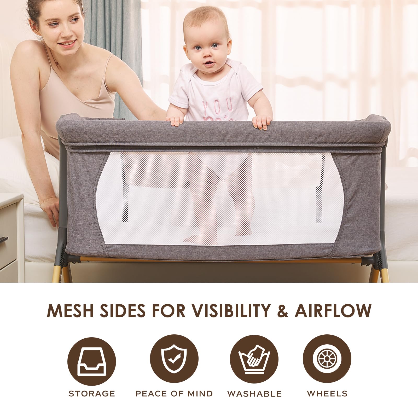 Portable Baby Bassinet with Wheels & Storage - Adjustable Height Bedside Sleeper with Waterproof Mattress Cover - Newborn Crib for Co-Sleeping - Perfect for Nursery, Bedroom & Travel Use