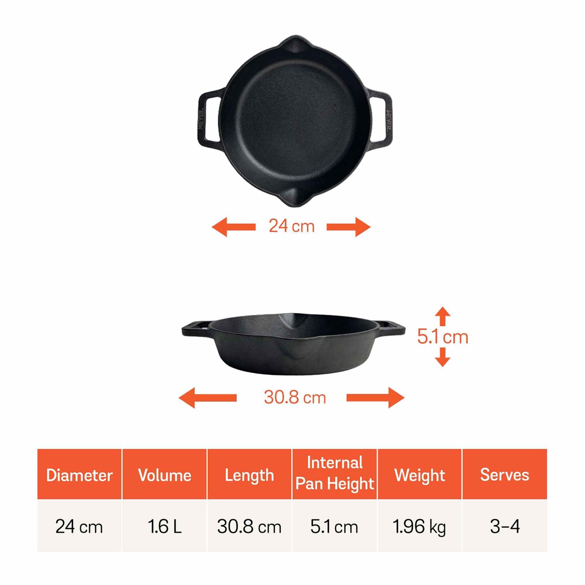 Premium Meyer Pre-Seasoned Cast Iron Skillet - 10-Inch (24cm) Frying Pan with Dual Side Handles | 1.6L Capacity | Black Cast Iron Cookware for Gas, Induction & Oven Use | Perfect for Searing, Baking & Camping Cooking