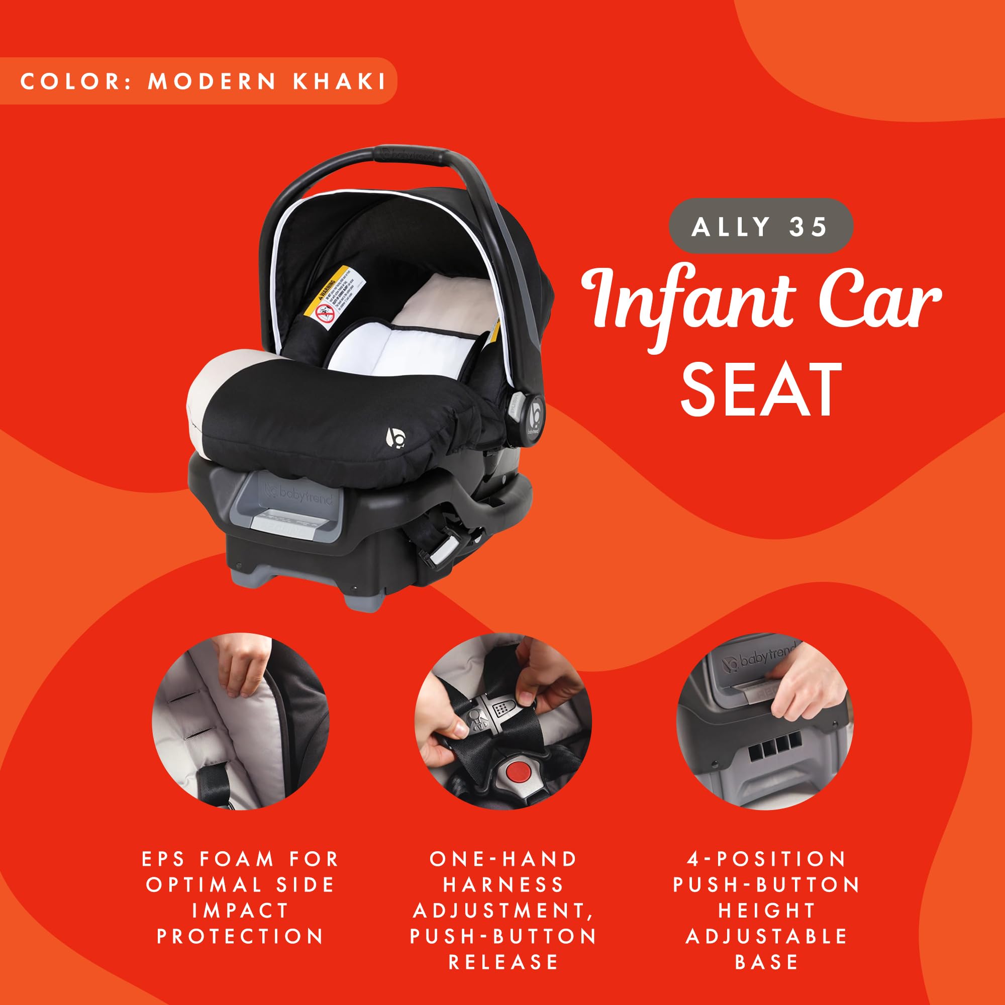Baby Trend Ally Newborn Infant Car Seat Carrier Travel System - 5-Point Harness & Cozy Cover for Babies Up to 35 lbs (Modern Khaki) | Safe & Comfortable for Car Rides, Air Travel & Daily Use