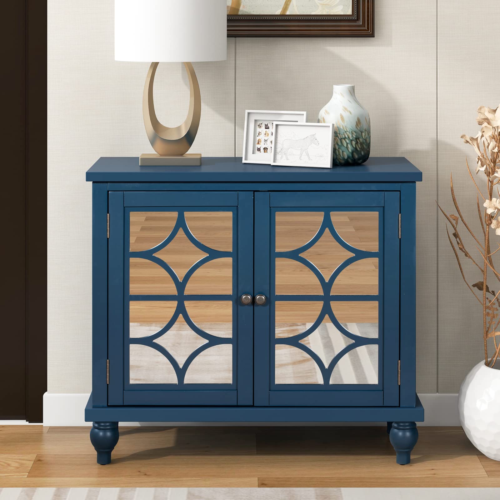 Farmhouse Style Sideboard Buffet Cabinet with Mirror Double Doors - Wood Storage Cabinet with Adjustable Shelves - Entryway Console Table for Kitchen, Living Room & Bedroom - Dark Blue Accent Furniture for Home Décor & Organization