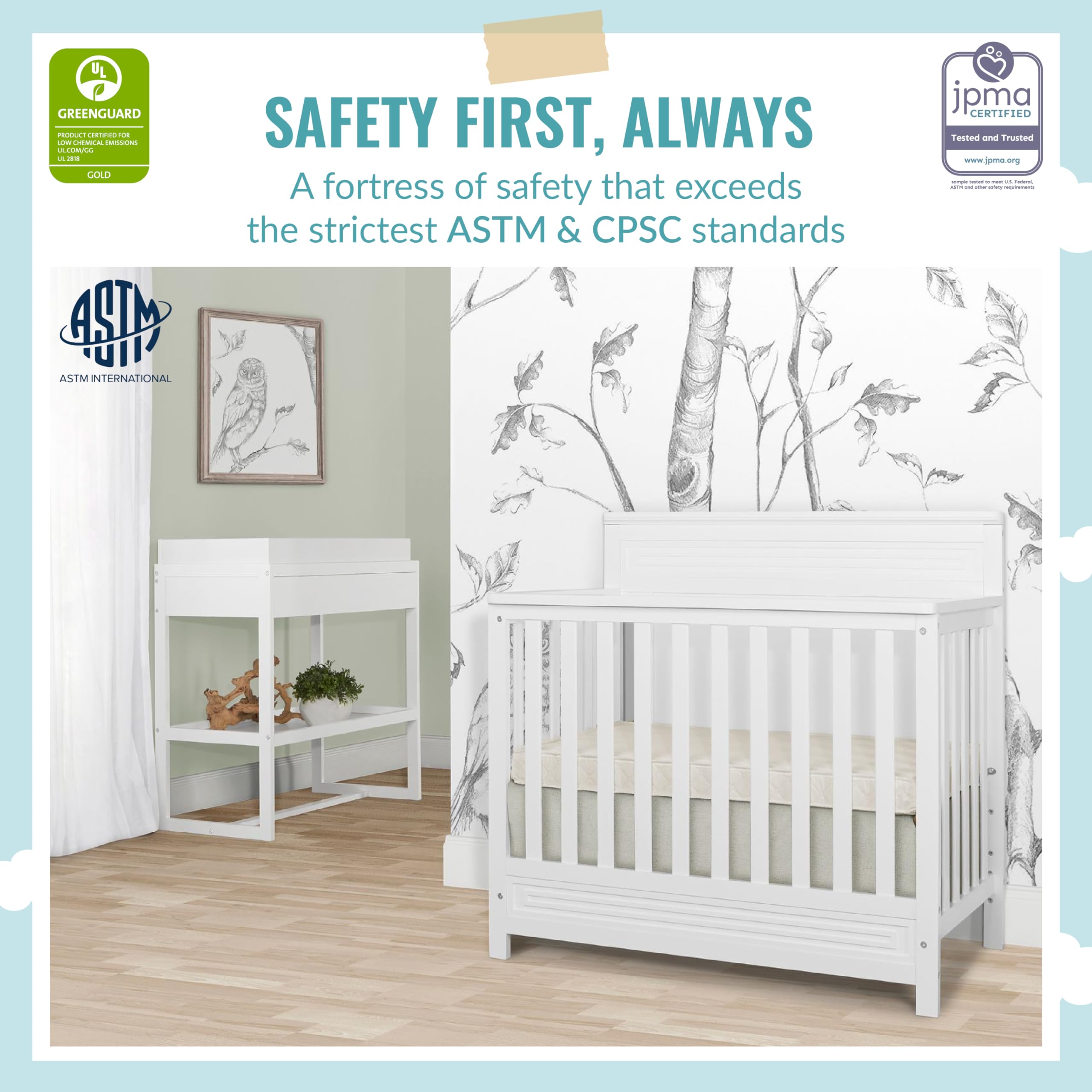 Dream On Me Harbor 4-in-1 Convertible Mini Crib - White Solid Pinewood, Water-Based Paint Finish, JPMA Certified, 3 Adjustable Mattress Heights | Nursery, Small Spaces, Guest Room, Travel & Daycare Use