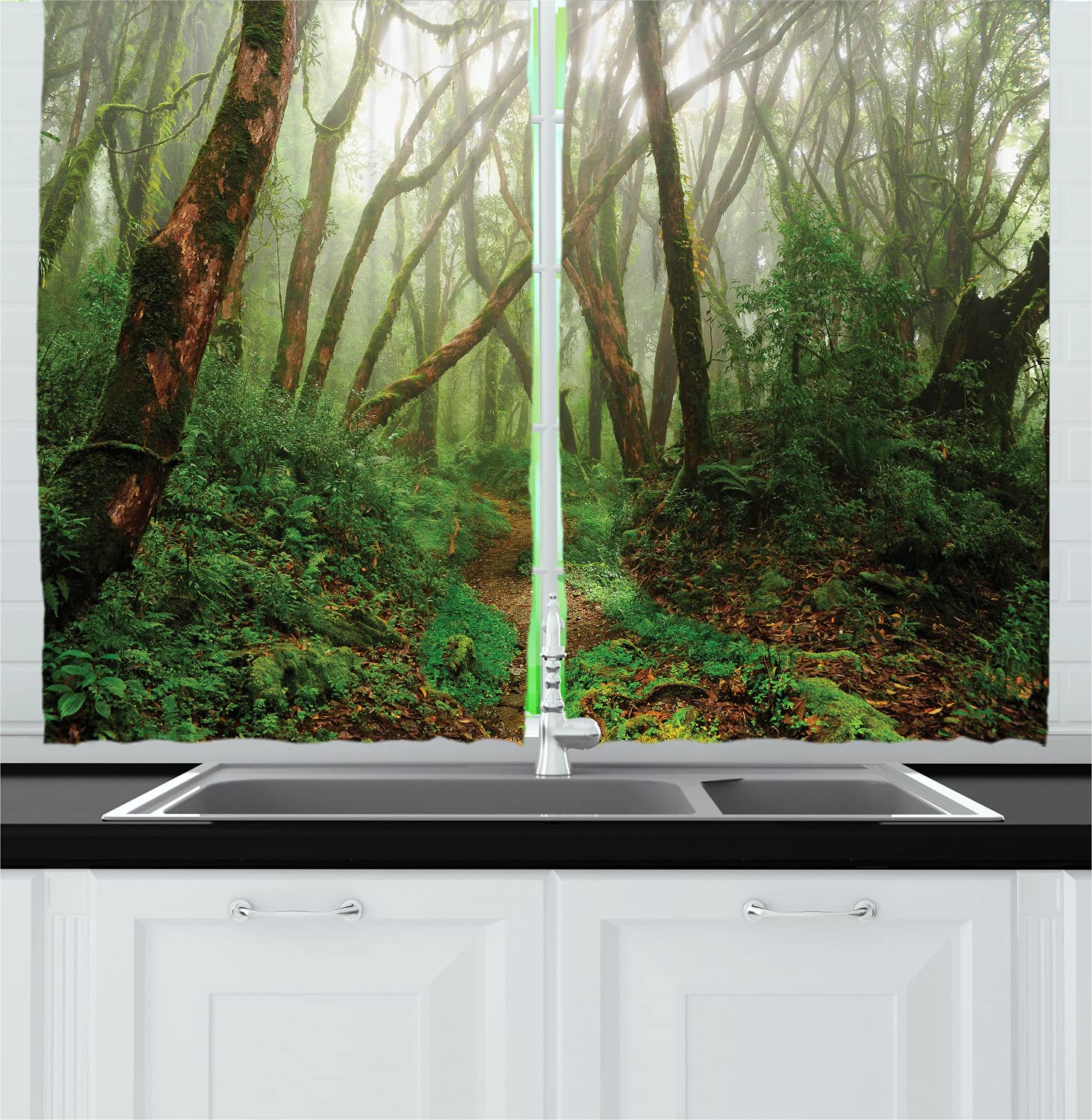 Ambesonne Forest Long Kitchen Curtains - Tropical Jungle Rainforest Print Drapes with Rod Pocket, 55
