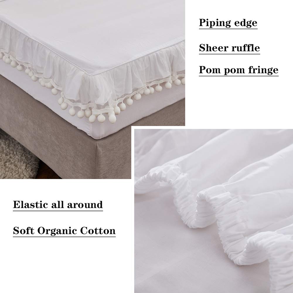 Premium 100% Cotton 600 Thread Count California King Sheet Set - Elegant White Pom Pom Ruffle Design with 17.5