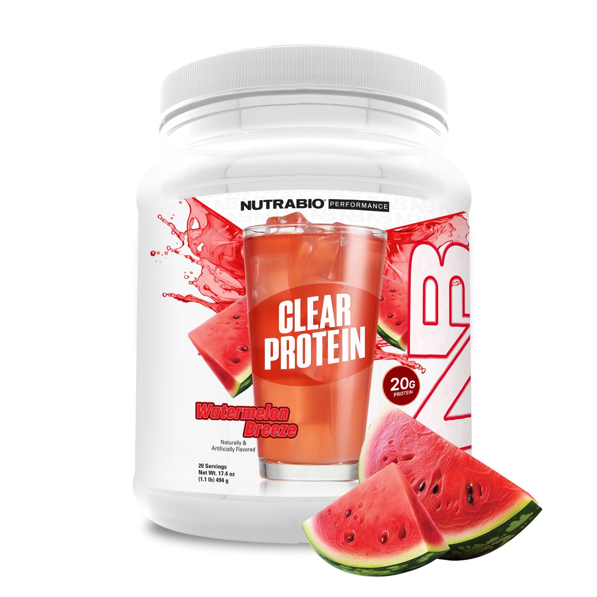 NutraBio Clear Whey Isolate Protein Powder - Refreshing Watermelon Breeze Flavor, Zero Sugar, No Foam, 20 Servings | Perfect for Post-Workout Recovery & On-the-Go Nutrition