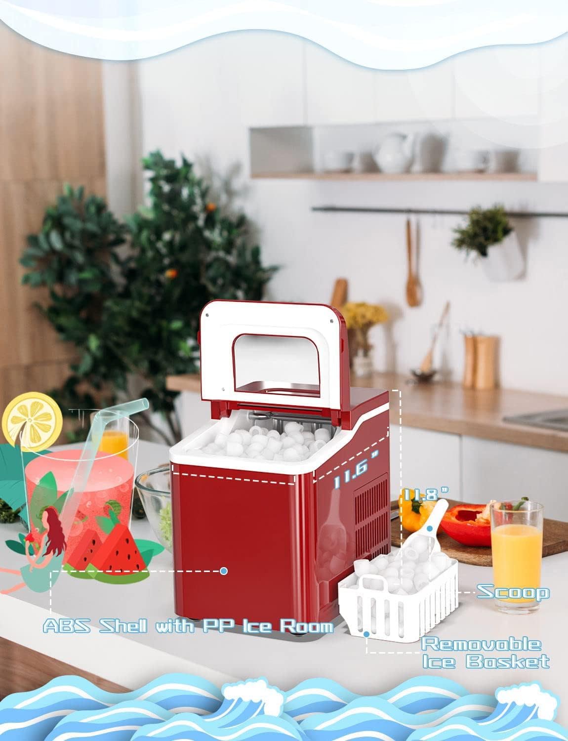 ARLIME Portable Countertop Ice Maker Machine - 26LBS/24H, Makes Ice in 8 Minutes - Includes Scoop & Basket - Perfect for Home, Office, Parties, Bars, Camping & Outdoor Events (Red)