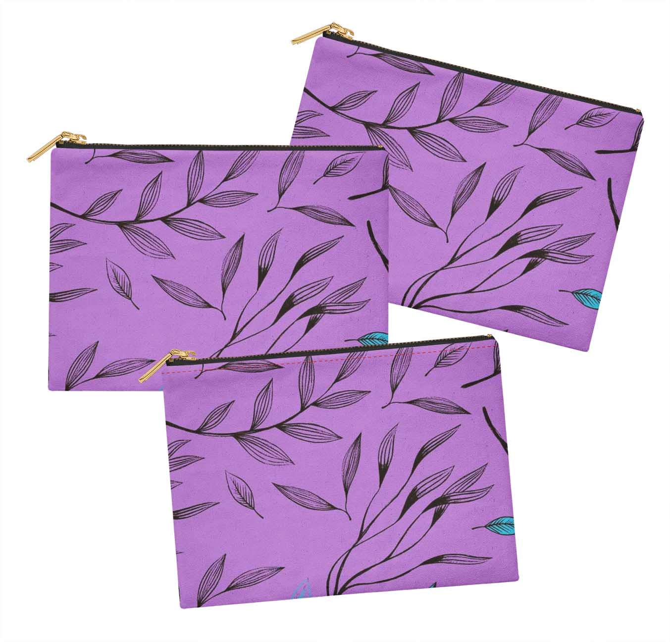 S4Sassy Purple Curry Leaves Printed Makeup Cosmetic Bag - 3 Pack (6x8 Inches) - Waterproof Toiletry Organizer for Travel, Gym & Daily Essentials Storage
