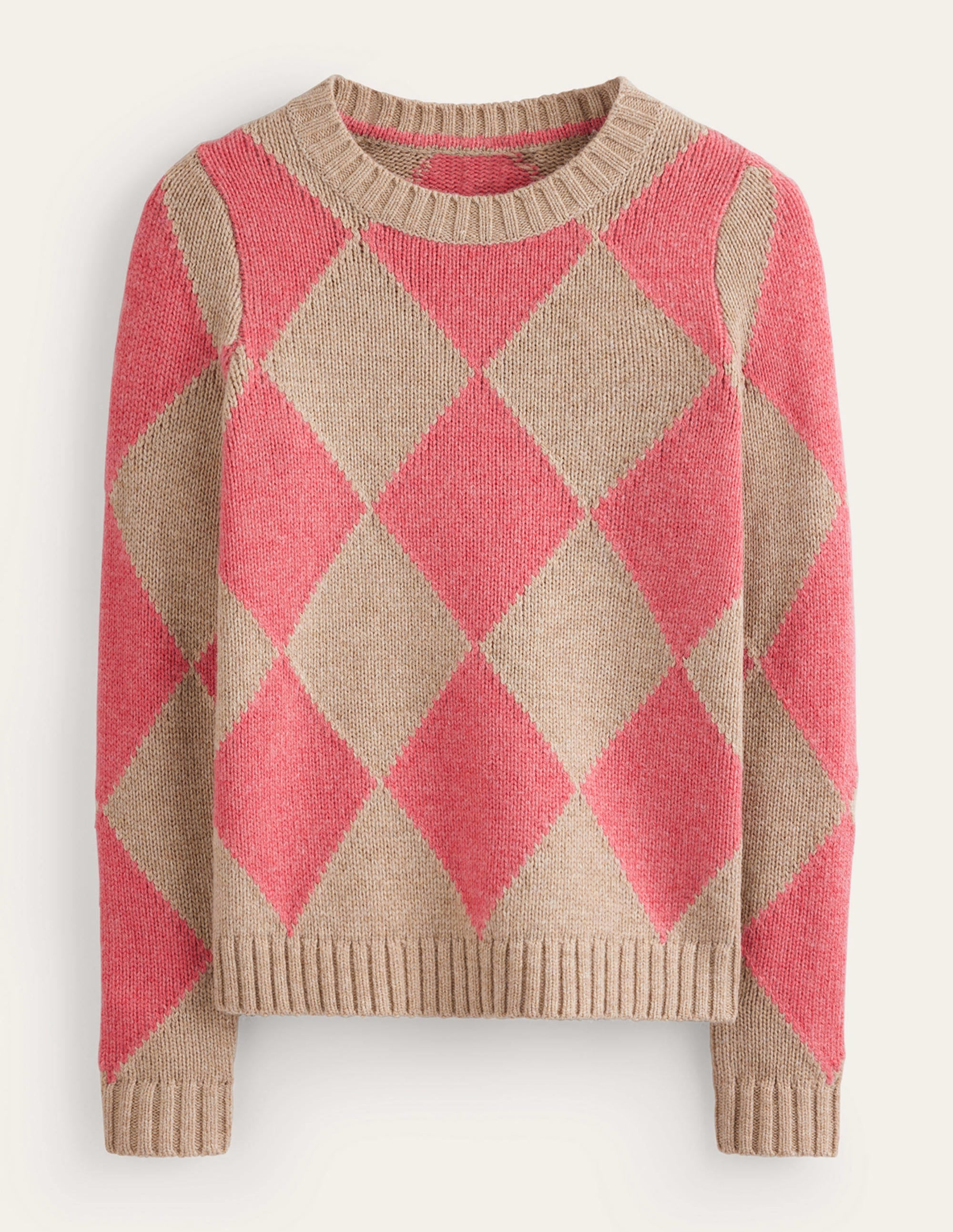 Argyle Crew Neck Sweater for Men & Women - Soft Cotton Knit Watermelon & Chinchilla Melange Color - Casual Wear, Office Outfit & Holiday Fashion