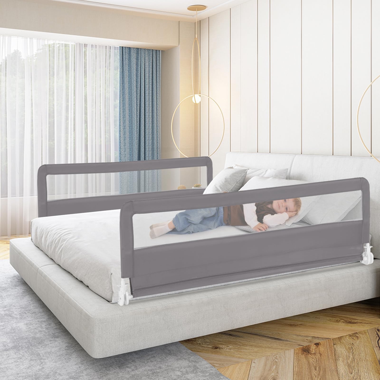 HONEY JOY 71-inch Extra Long Toddler Bed Rail - Portable Safety Bed Guardrail with Double Child Lock, Foldable Baby Bed Rail for King, Queen, Full & Twin Size Mattresses (Gray, 2 Pack) - Perfect for Travel, Home & Childcare Safety