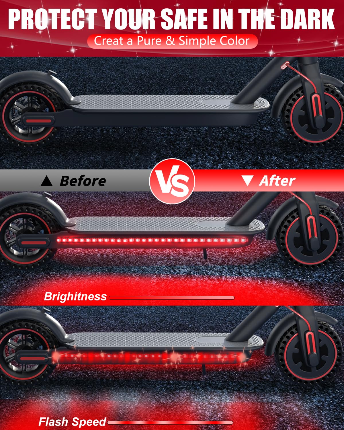 Keiurot LED Strip Lights for Electric Scooters - 5V Red Flashing Lights for Xiaomi M365/Pro/Ninebot/Mercane - Waterproof Night Riding Lights for Skateboards & Scooters - Perfect for Urban Commuting & Nighttime Safety