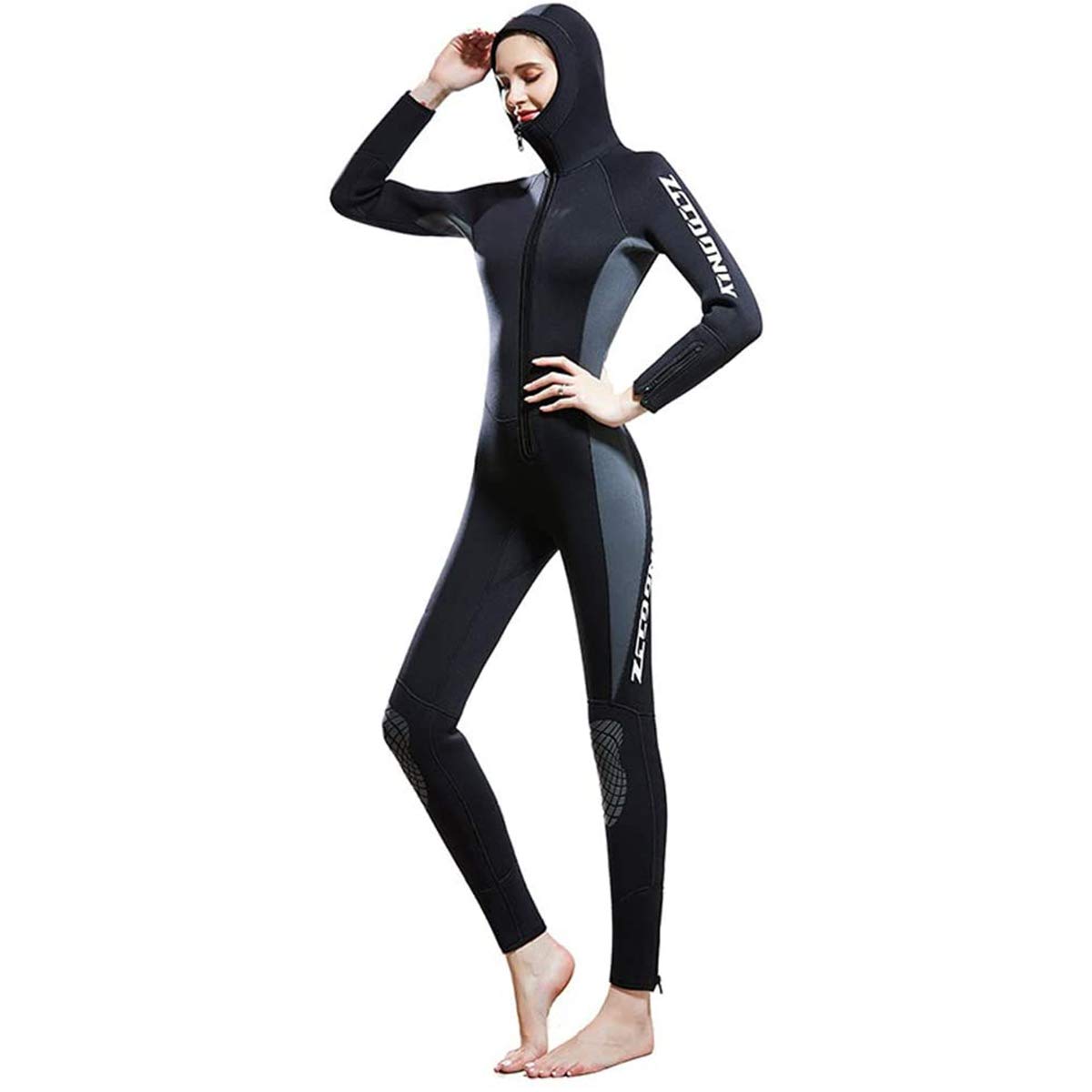 15mm Women's One-Piece Hooded Wetsuit with Front Zipper - Thickened Warm Winter Surfing Suit & Full Body Diving Suit for Cold Water Swimming, Surfing, and Water Sports