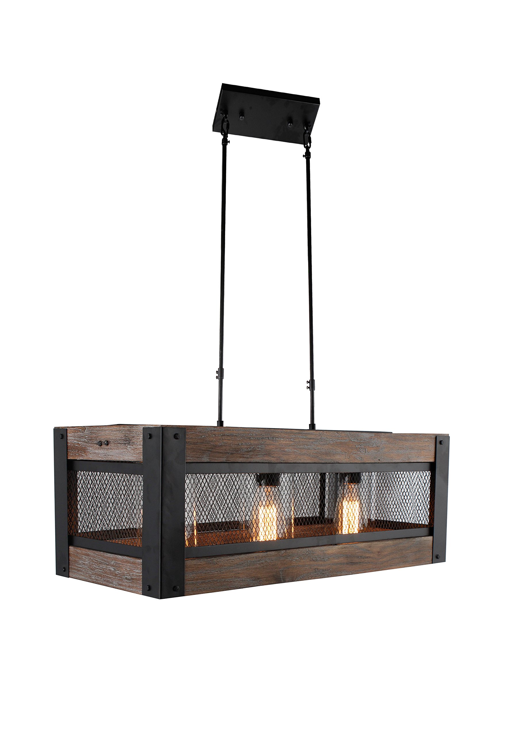 24 Inch Wide Wooden Rectangular Farmhouse Pendant Light with Wire Mesh - Rustic 3-Light Chandelier for Kitchen Island, Dining Room & Farmhouse Decor