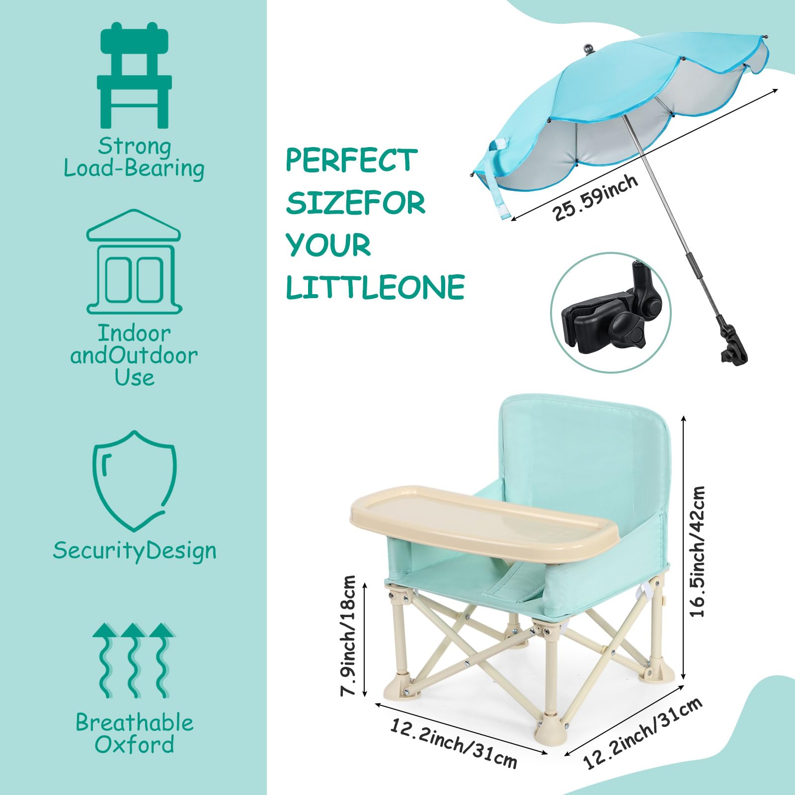 Suzile Portable Baby Beach Chair with Umbrella - Foldable Travel Booster Seat with Tray & Storage Bag - Lightweight Outdoor High Chair for Dining, Camping, Picnics & Beach Trips