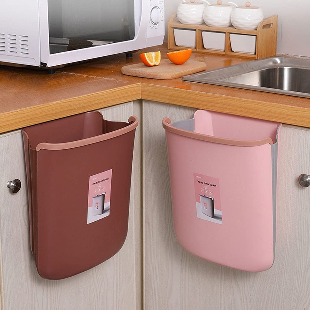 TOMYEUS Wall Mounted Foldable Trash Can for Kitchen & Bathroom - Household Waste Sorting Cabinet Door Garbage Bin - Space Saving Brown Trash Can (Ideal for Small Spaces, Apartments, RVs & Under Sink Storage)