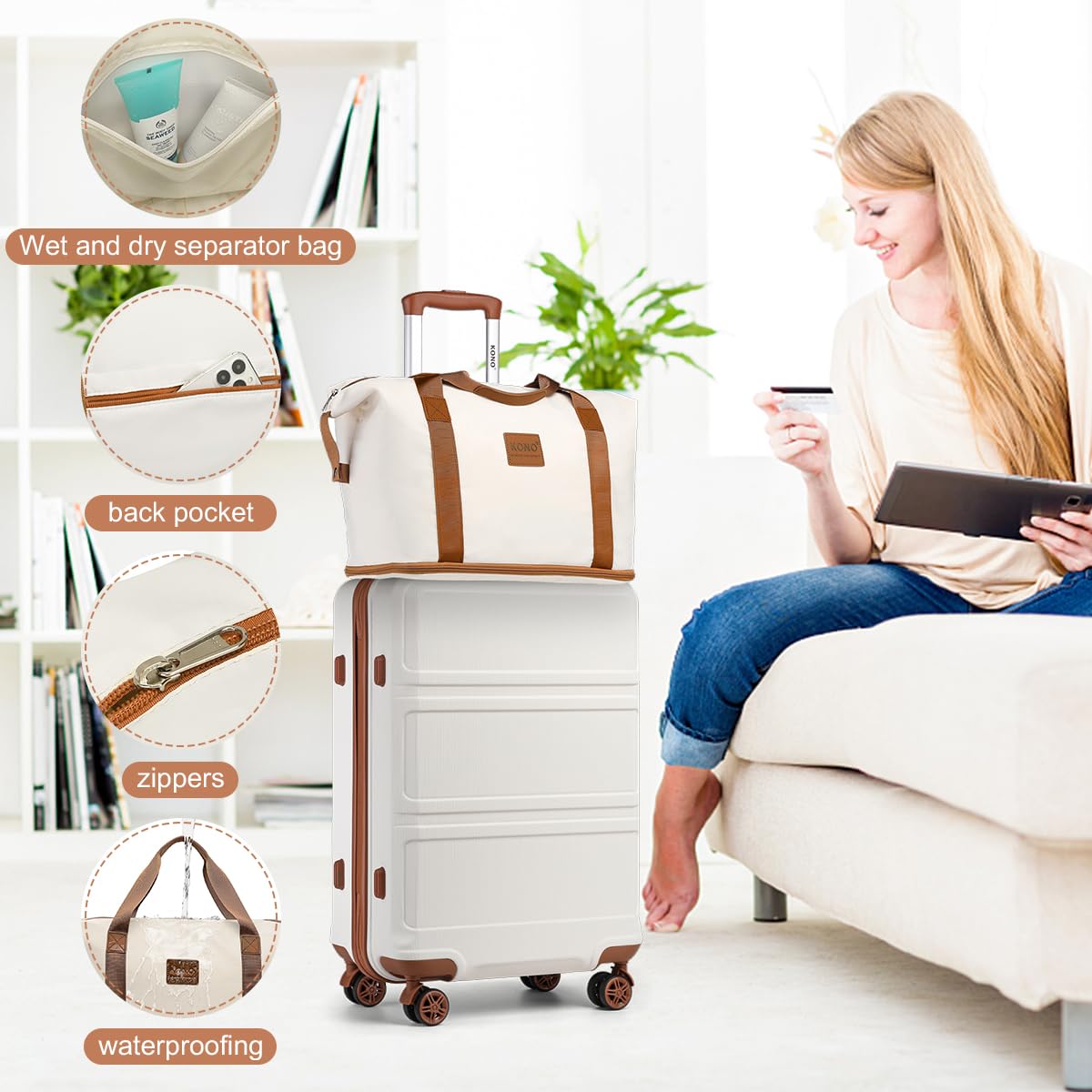 Kono 4-Piece Hardside Luggage Set with TSA Lock & Spinner Wheels - Apricot Grey Carry-On Suitcase for Travel, Business Trips & Weekend Getaways