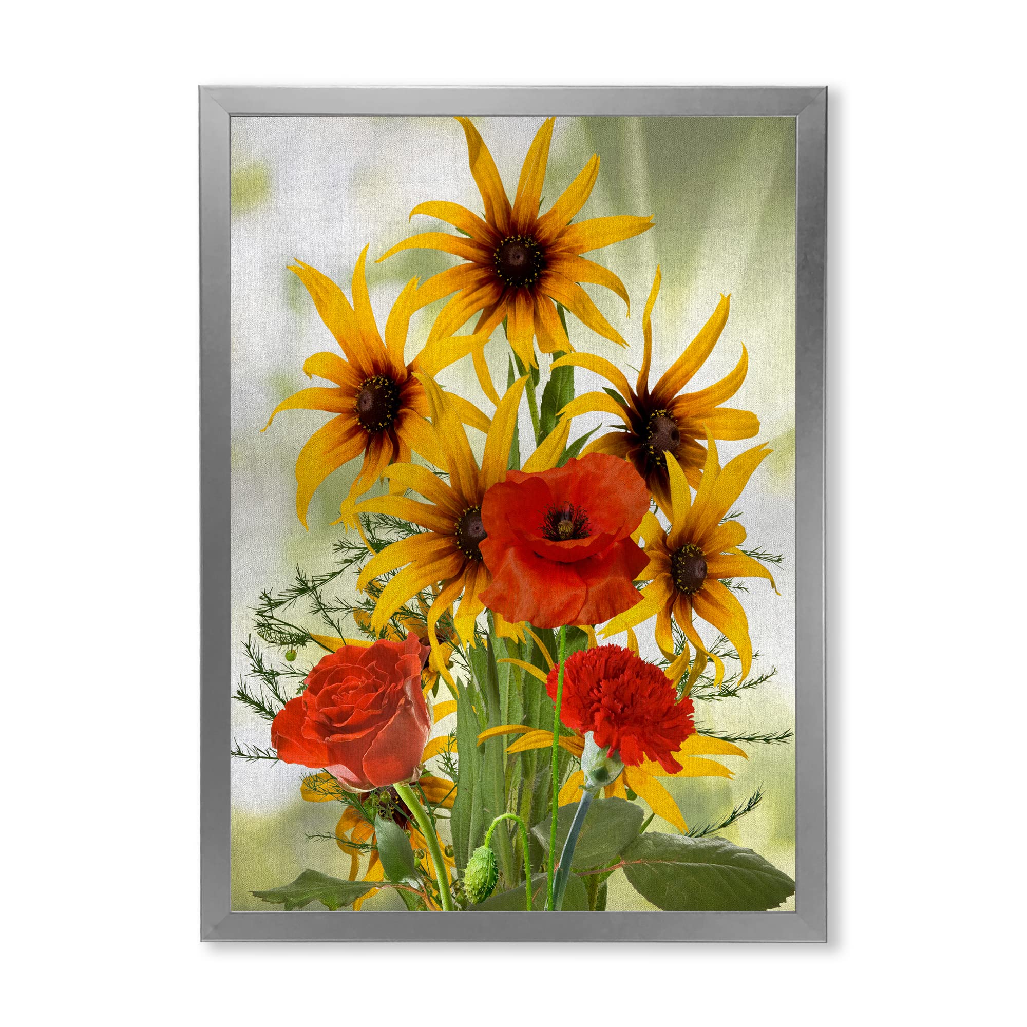 DesignQ Sunflowers and Poppies In The Wild Traditional Framed Wall Art - Vintage Floral Canvas Painting for Living Room, Bedroom & Office Decor