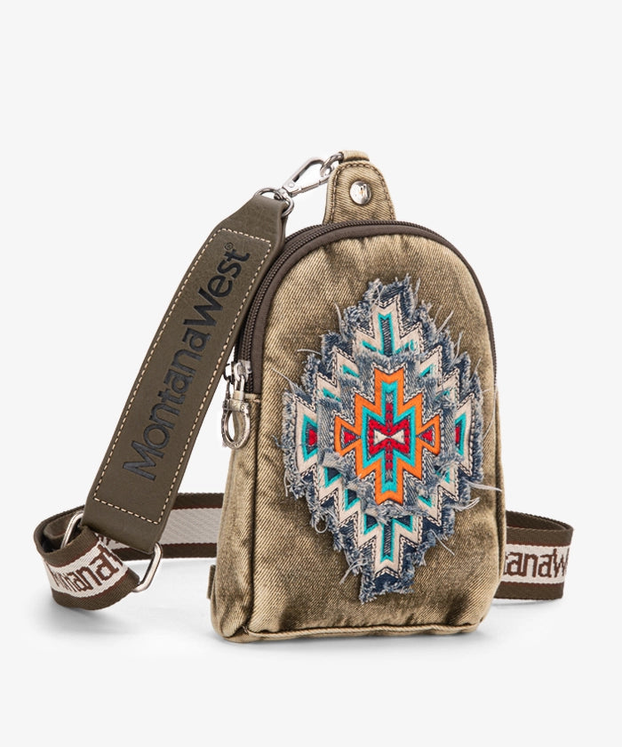 Montana West Aztec Denim Sling Bag for Women - Stylish Crossbody Purse with Adjustable Strap, Perfect for Travel, Shopping & Everyday Use