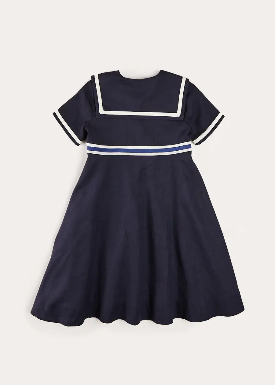 Navy Blue Mariner Collar Bow Detail Short Sleeve Dress for Girls (4-12 Years) - Perfect for School, Parties & Special Occasions