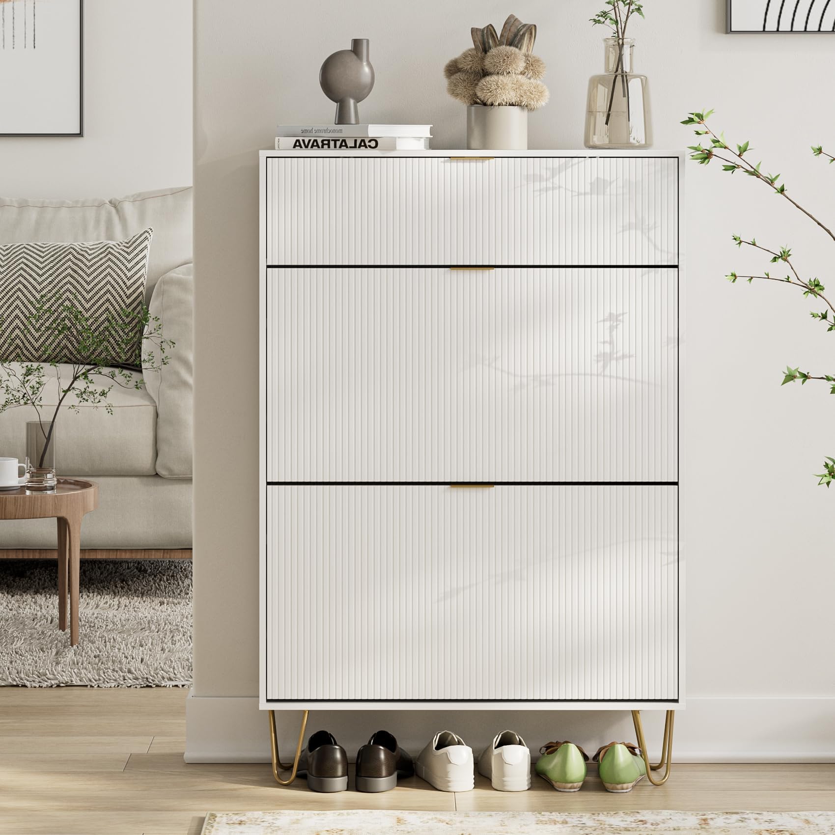 White Vertical Shoe Storage Cabinet with 2 Flip Drawers - Freestanding Narrow Shoe Rack Organizer for Entryway, Hallway & Closet - Space Saving Shoe Cabinet for Home Organization