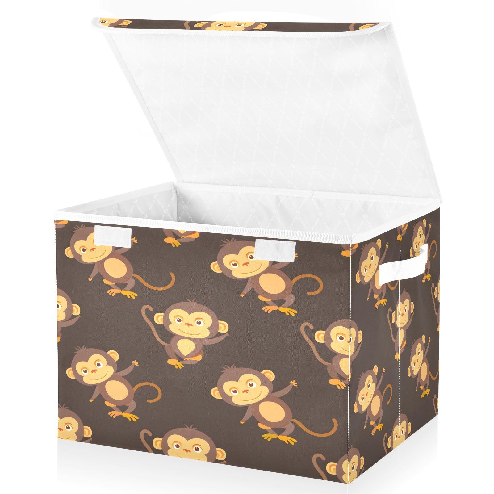Monkey Print Fabric Foldable Storage Bins with Lids - Collapsible Closet Organizer Baskets for Bedroom, Office & Home Organization | Perfect for Toys, Clothes & Seasonal Storage