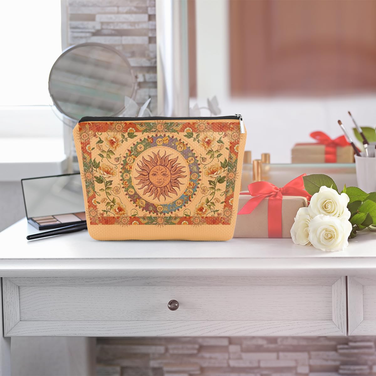 Boho Witch Cosmetic Bag - Hippie Makeup Pouch for Women & Teens - Sun & Moon Astrology Floral Travel Organizer - Perfect Gift for Mother's Day, Graduation, Birthday - Great for Travel, Daily Use & Festival Outfits