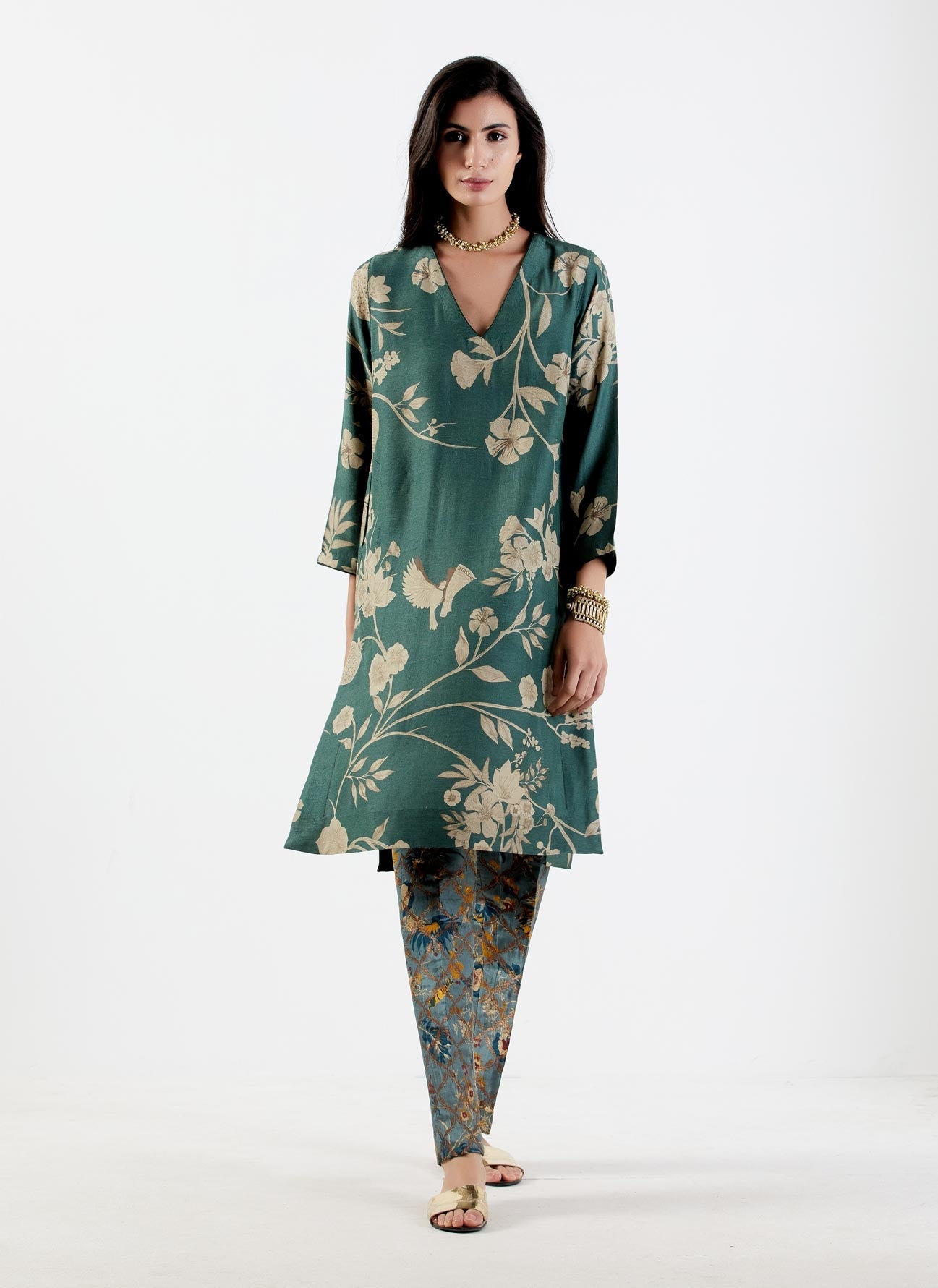Elegant V Neck Kurta for Women - Premium Muga Satin Fabric with Forest Print - Perfect for Festivals, Parties & Casual Wear