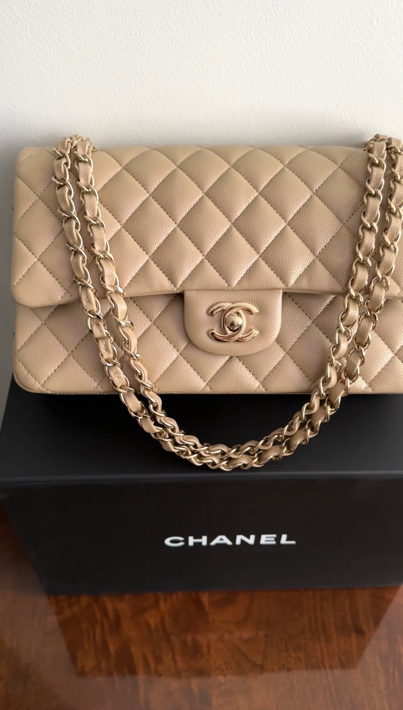 Chanel 21S Beige Iridescent Classic Medium Double Flap Caviar Gold Hardware Bag - Luxury Handbag for Women, Perfect for Parties & Special Occasions
