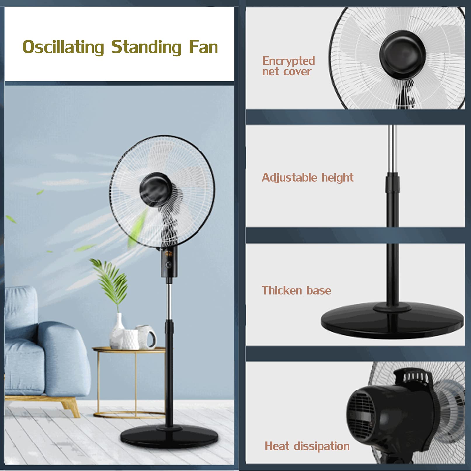 ADASP 16-Inch Adjustable Height Pedestal Fan with Remote Control - 3-Speed Digital, Oscillating, Timer & 5 Blades for Home, Office, Bedroom & Living Room Cooling