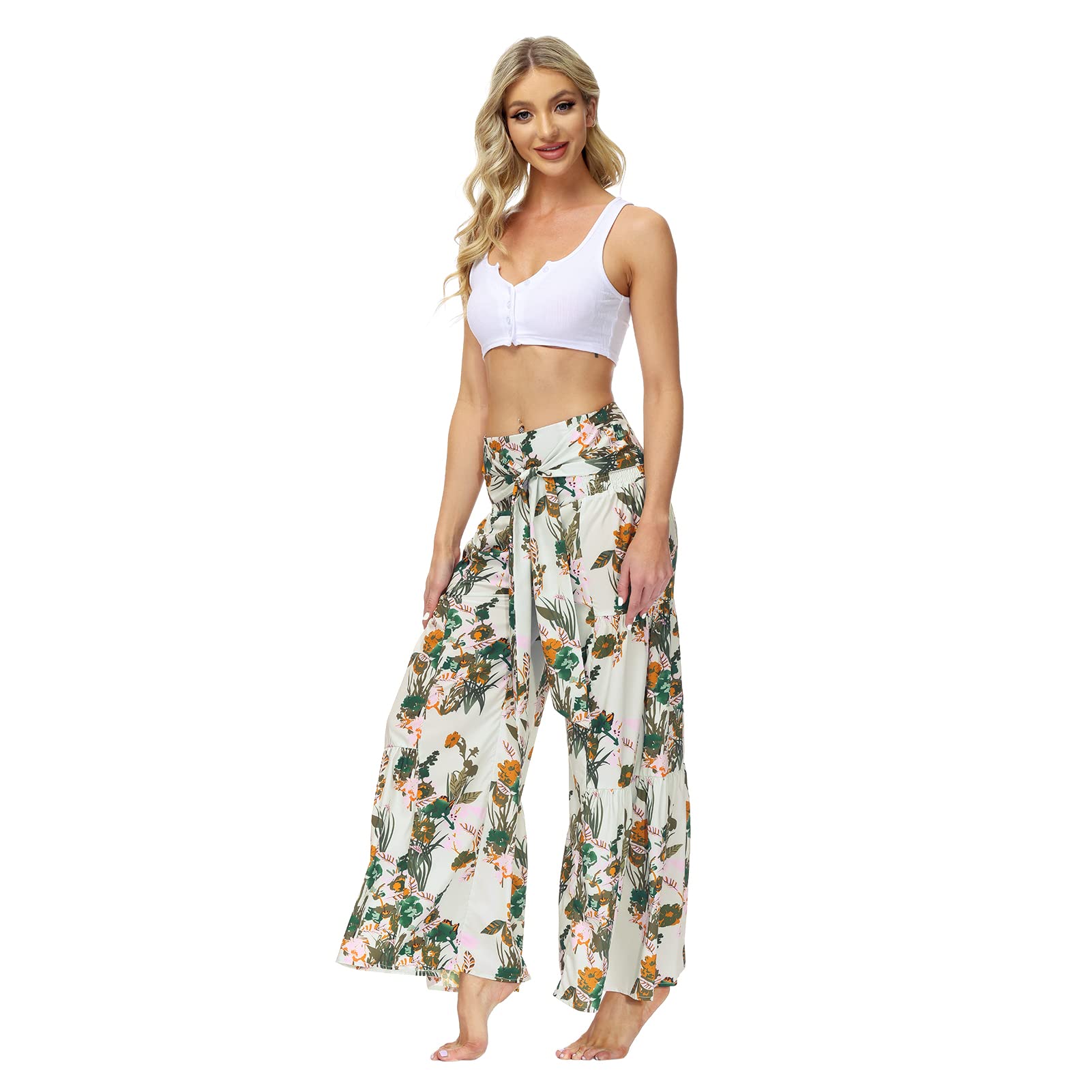 Yanfoom Women's Wide Leg Palazzo Pants - High Waist Loose Fit Boho Trousers with Adjustable Belt | Comfortable Casual & Office Wear for Summer