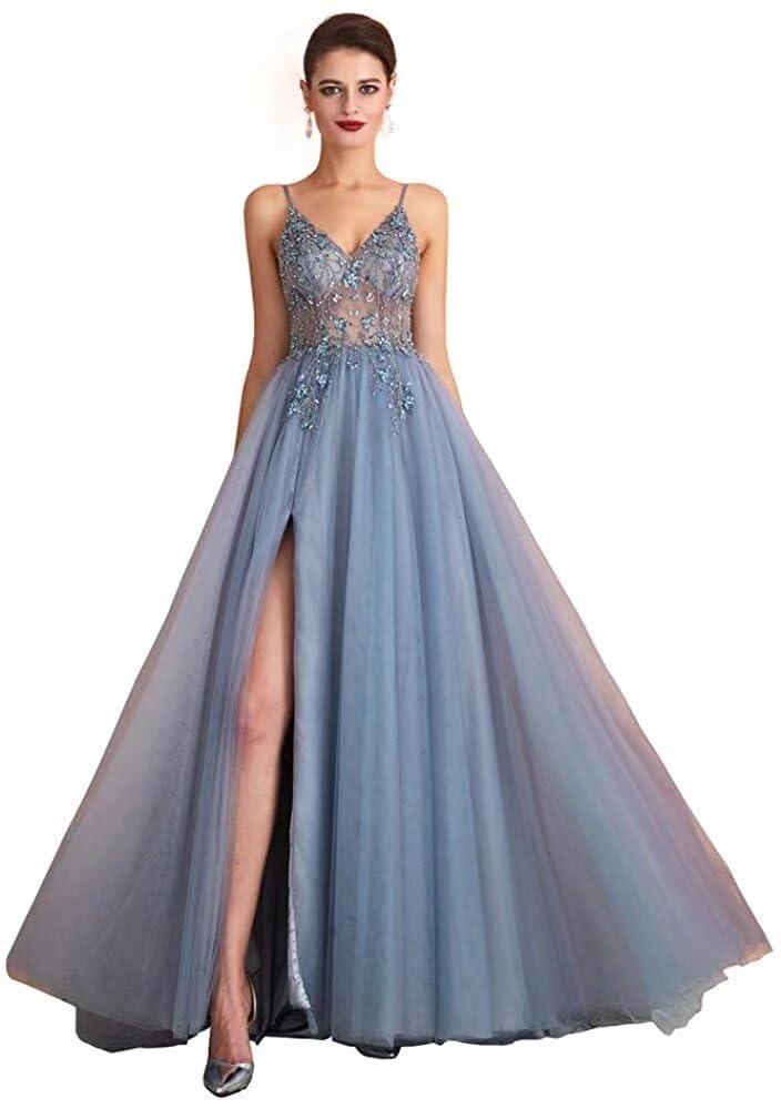 Elegant V-Neck Beaded Tulle Prom Dress for Women - Long Evening Gown with High Slit for Wedding, Party & Special Occasions | Perfect for Homecoming, Formal Events & Red Carpet