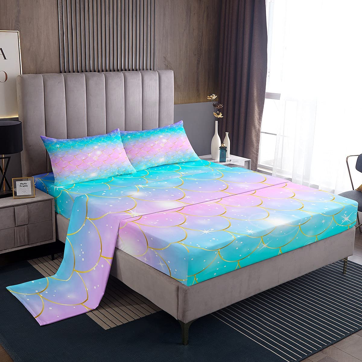Mermaid Twin Size Sheet Set for Girls - Blue & Pink Pastel Bedding with Gold Fish Scales & Glitter - Fitted Sheet, Flat Sheet, Pillowcase - Perfect for Kids, Teens, Women Bedrooms & Themed Room Decor