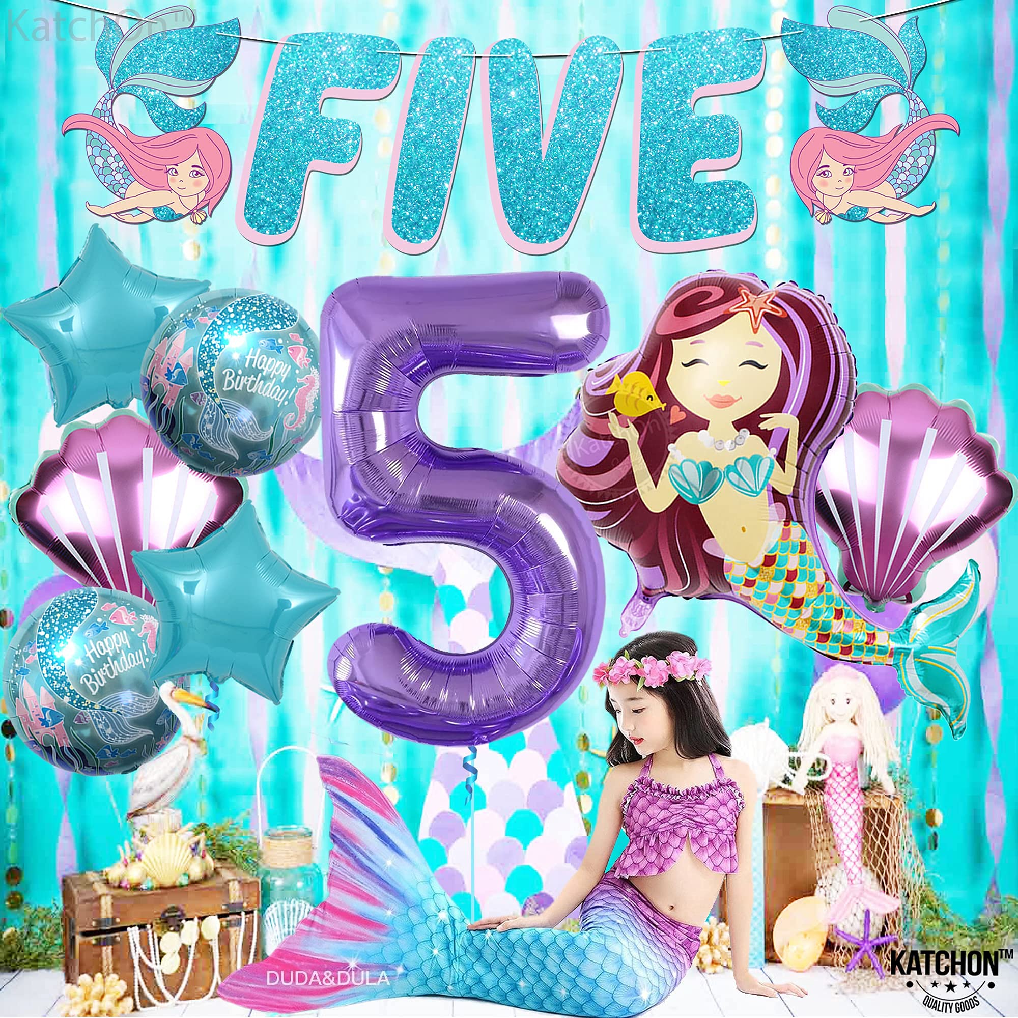 Shiny Mermaid 5th Birthday Party Decorations for Girls - Pack of 9 Including Balloons & Banner | Mermaid Themed Party Supplies for Kids Birthday | Perfect for Underwater, Ocean or Princess Themed Parties