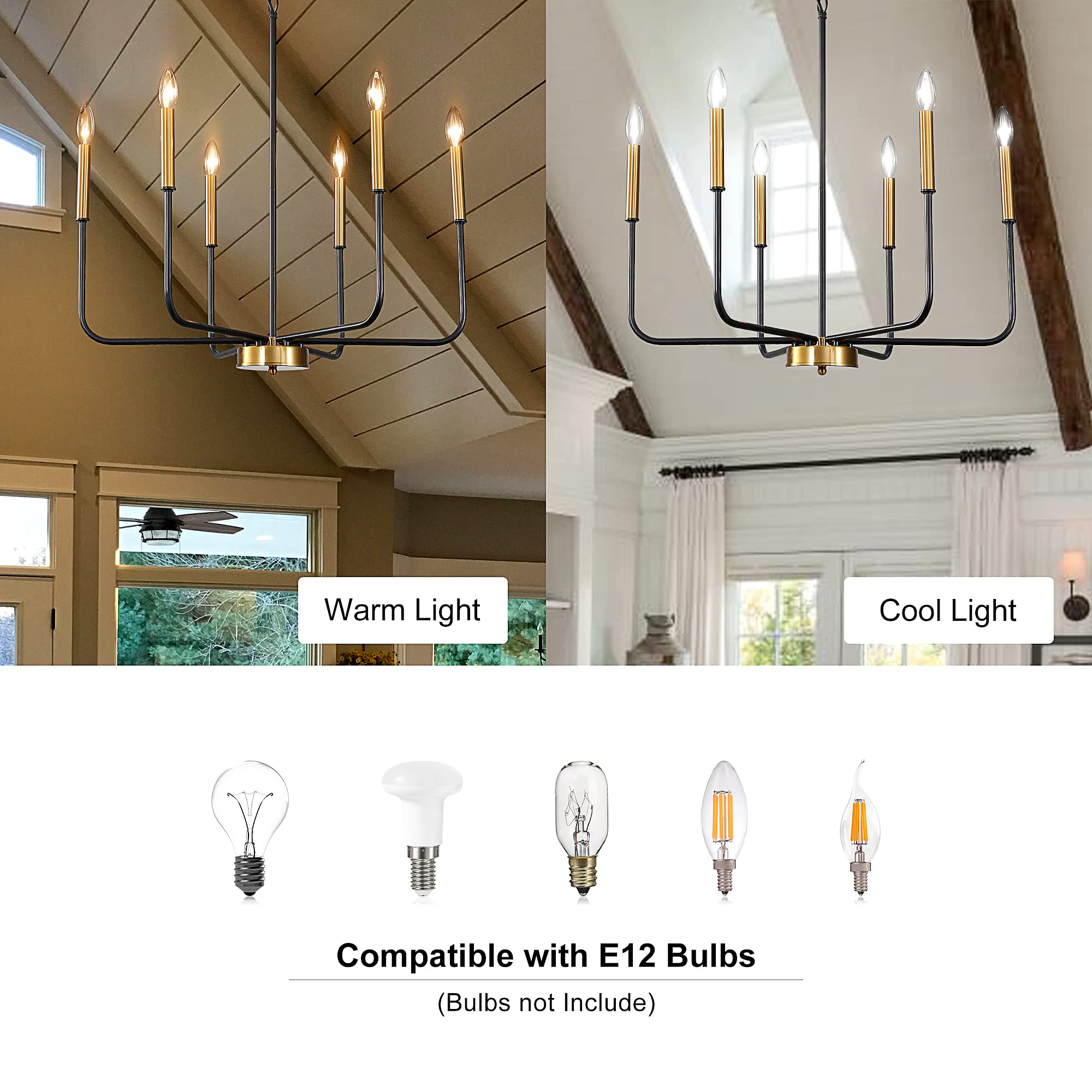 Modern 6-Light Black & Gold Farmhouse Chandelier - Adjustable Candle Pendant Light Fixture for Dining Room, Kitchen Island, Living Room & Entryway | Rustic Elegance for Home Decor & Wedding Venues