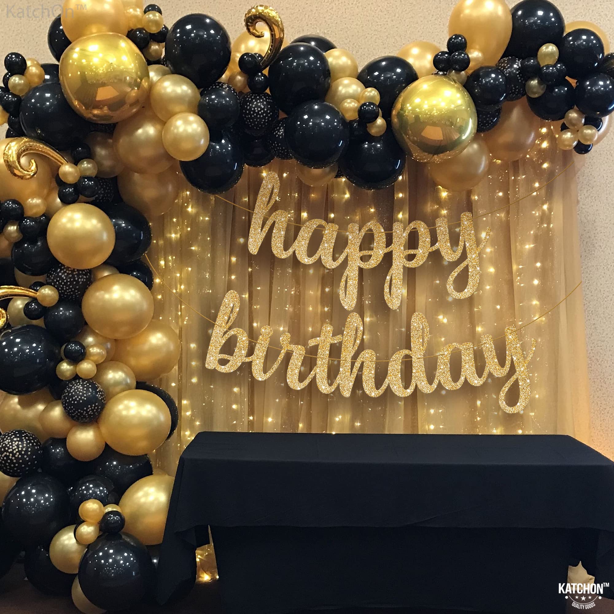 KatchOn Gold Glitter Happy Birthday Banner - 10 Feet Pre-Strung Party Decor for Women, Girls, Bridal Showers & Birthday Celebrations | Ready-to-Hang Gold Foil Sign for Wall Decorations