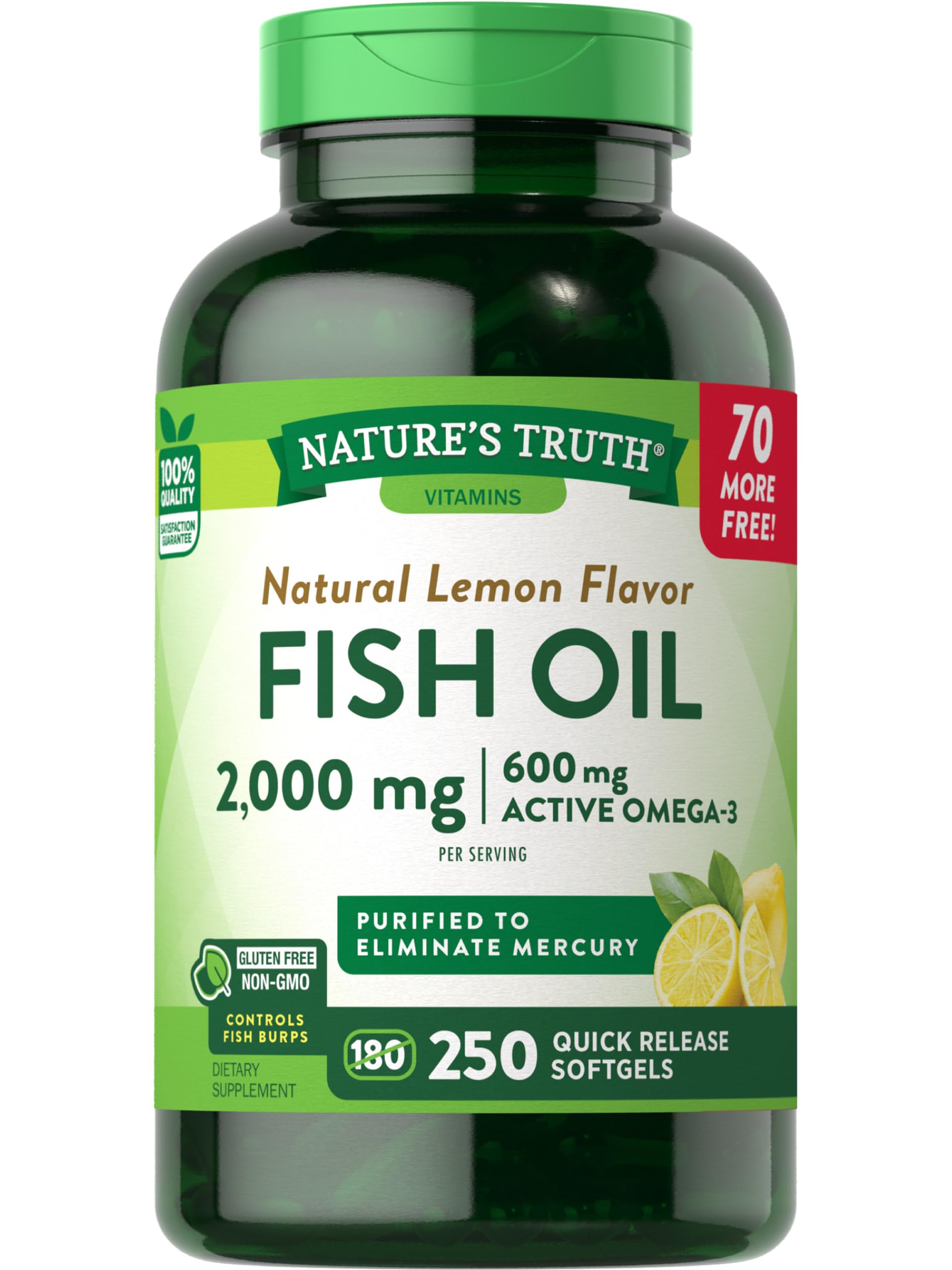 Nature's Truth Fish Oil 2000mg with 600mg Omega-3 | 250 Softgels | Natural Lemon Flavor | Non-GMO, Gluten Free Supplement for Heart & Brain Health | Supports Joint Function & Healthy Cholesterol Levels | Perfect for Daily Wellness Routine & Active Lifestyle