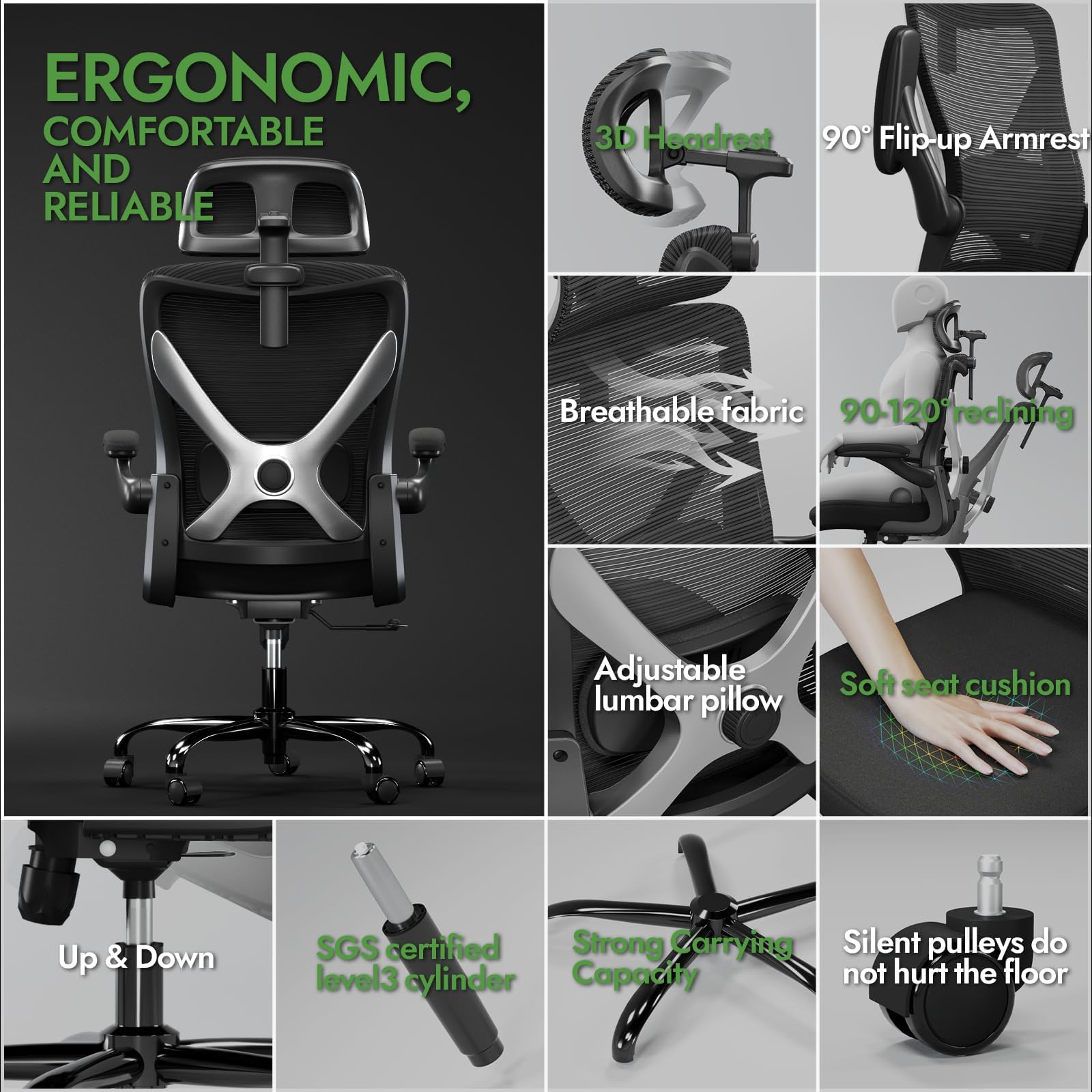 Ergonomic Office Chair with Lumbar Support - X-Shaped Mesh Computer Desk Chair for Gaming & Long Hours Work, Adjustable Headrest, Black Silver - Perfect for Home Office, Gaming Setup & Workspace Comfort