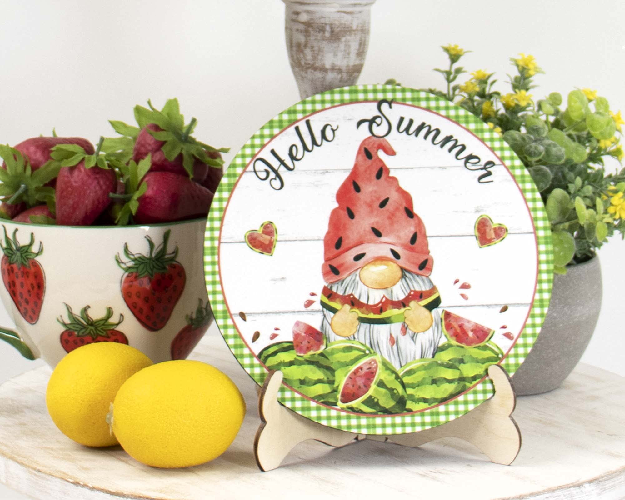 Hello Summer Gnome Sign - Mini Wooden Shelf Sitter for Tier Tray Decor - Rustic Home & Kitchen Decoration - Perfect for Summer Tablescapes, Farmhouse Displays & Seasonal Home Styling