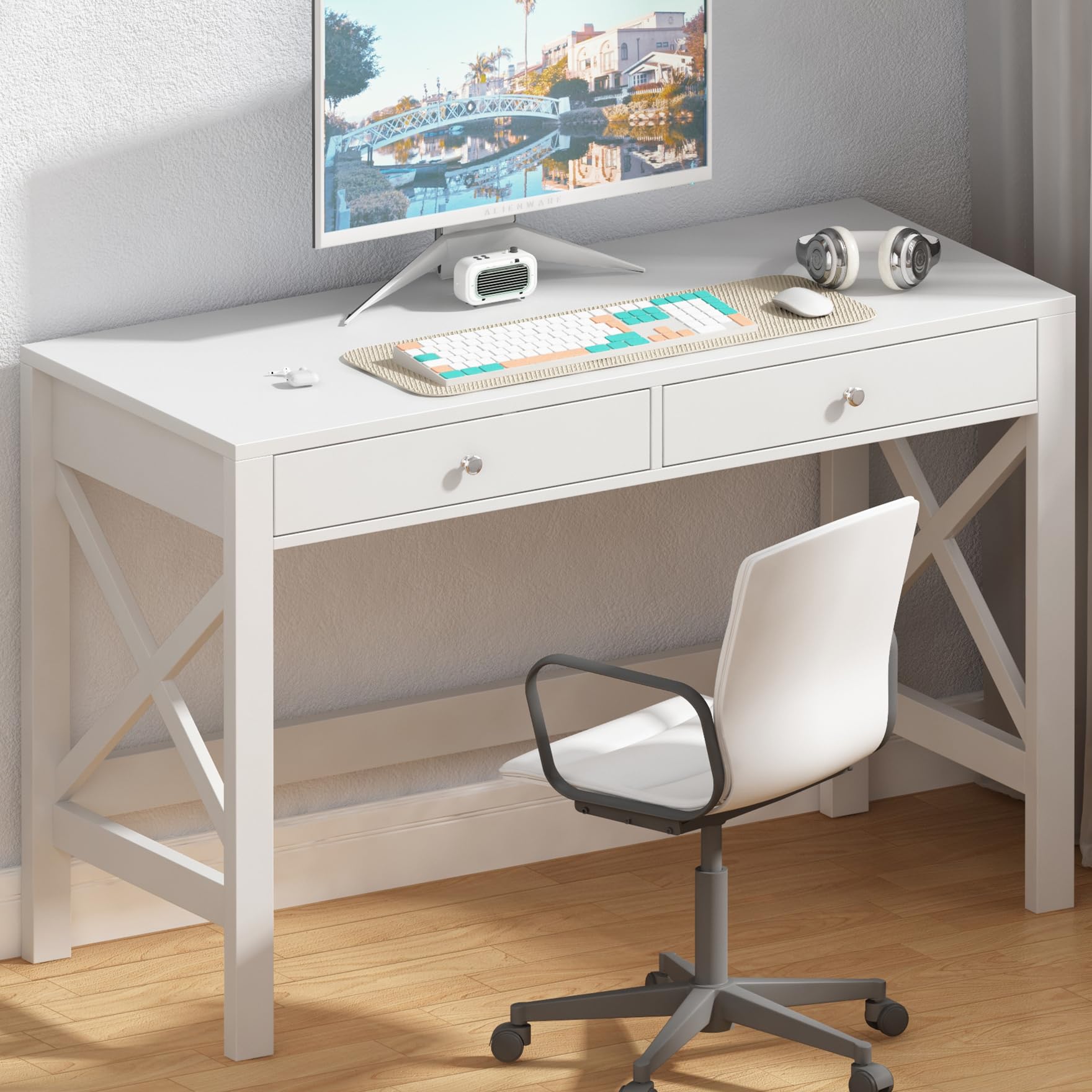 Modern 40-Inch White Computer Desk with Drawers - Home Office Study Desk, Makeup Vanity & Console Table for Small Spaces | Perfect for Remote Work, Online Learning & Beauty Routine Organization