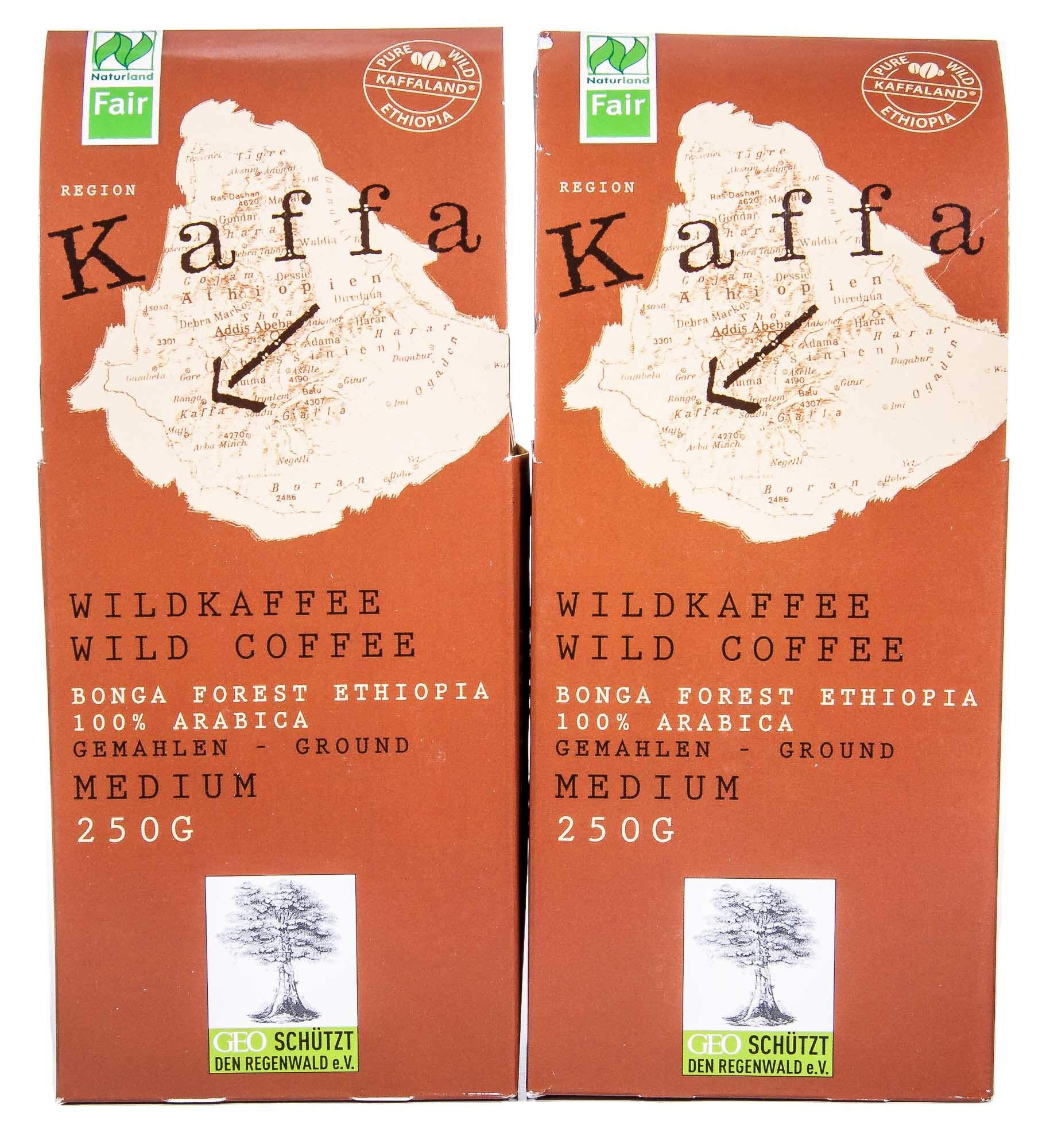 Organic Bio Kaffa Wild Coffee, Medium Roast Ground Coffee (2 x 250g) - Perfect for Home Brewing, Office Use & Camping Trips
