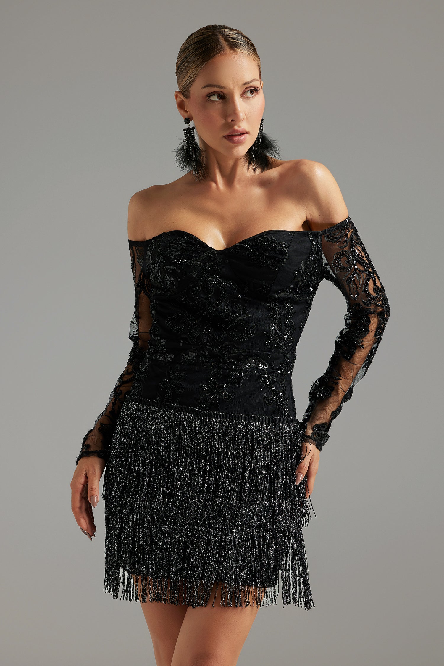 Ludia Lace Sequins Off Shoulder Fringe Mini Dress - Elegant Party Cocktail Dress for Women, Perfect for Night Out, Club, Date Night, and Special Occasions