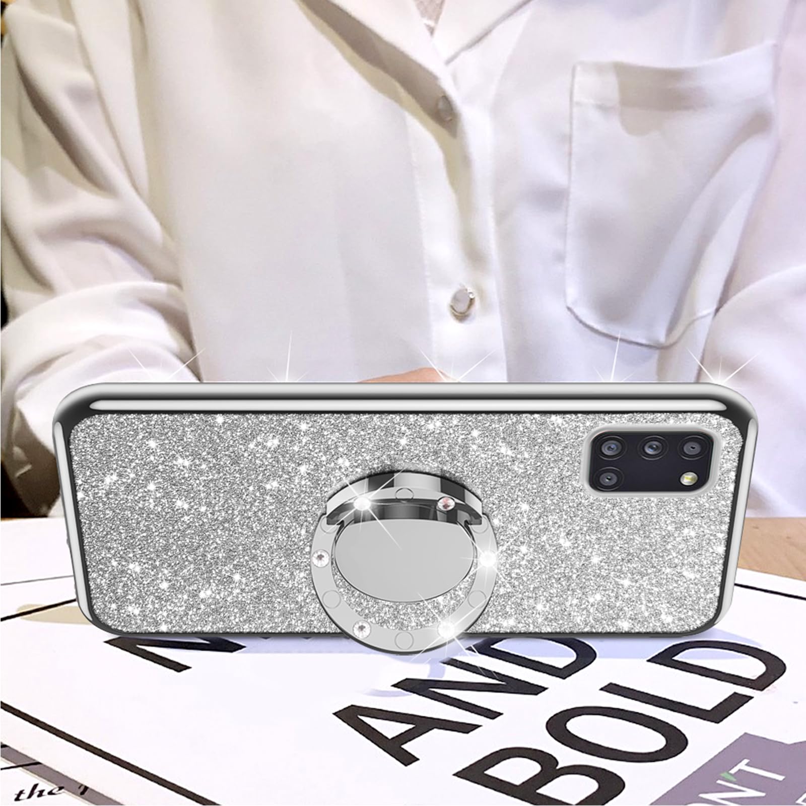 Cute Glitter TPU Phone Case for Samsung Galaxy A31 - Shockproof Protective Cover with Diamond Ring Stand & Strap Lanyard - Silver | Perfect for Women & Girls, Ideal for Daily Use, Work, Travel & Outdoor Activities