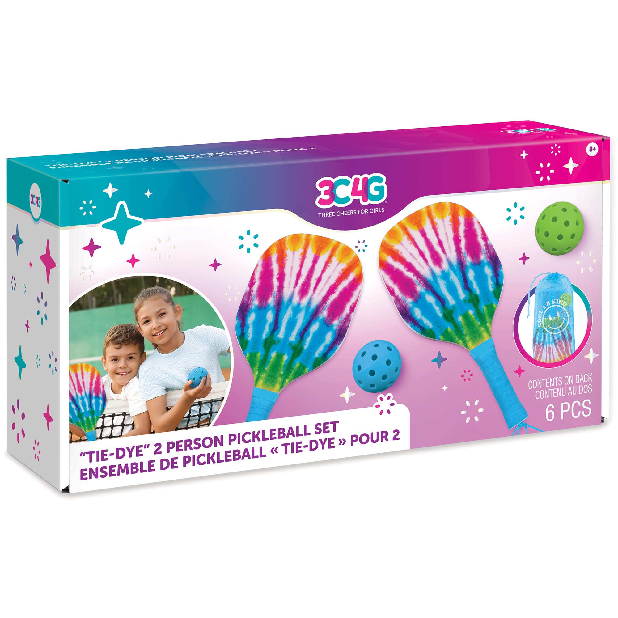 Make It Real 3C4G: Tie Dye 2-Person Portable Pickleball Set with Paddles & Balls - Perfect for Outdoor, Beach, Backyard Fun - Great Gift for Girls, Tweens & Kids Ages 8+ (Includes Drawstring Bag) - Ideal for Family Picnics, Park Games & Summer Activities
