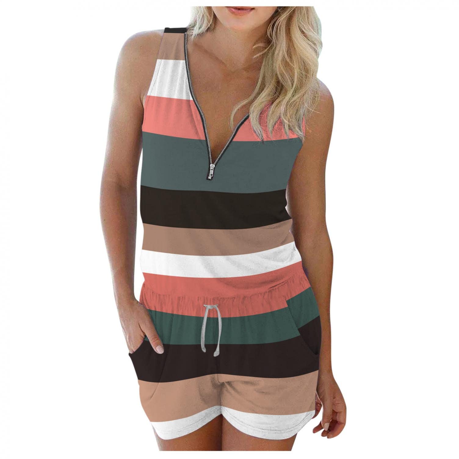 INNOVIERA Women's Zip-Up Summer Jumpsuit - Backless Romper with Pockets, Suspender Playsuit for Casual Outings, Beach Vacations & Summer Parties