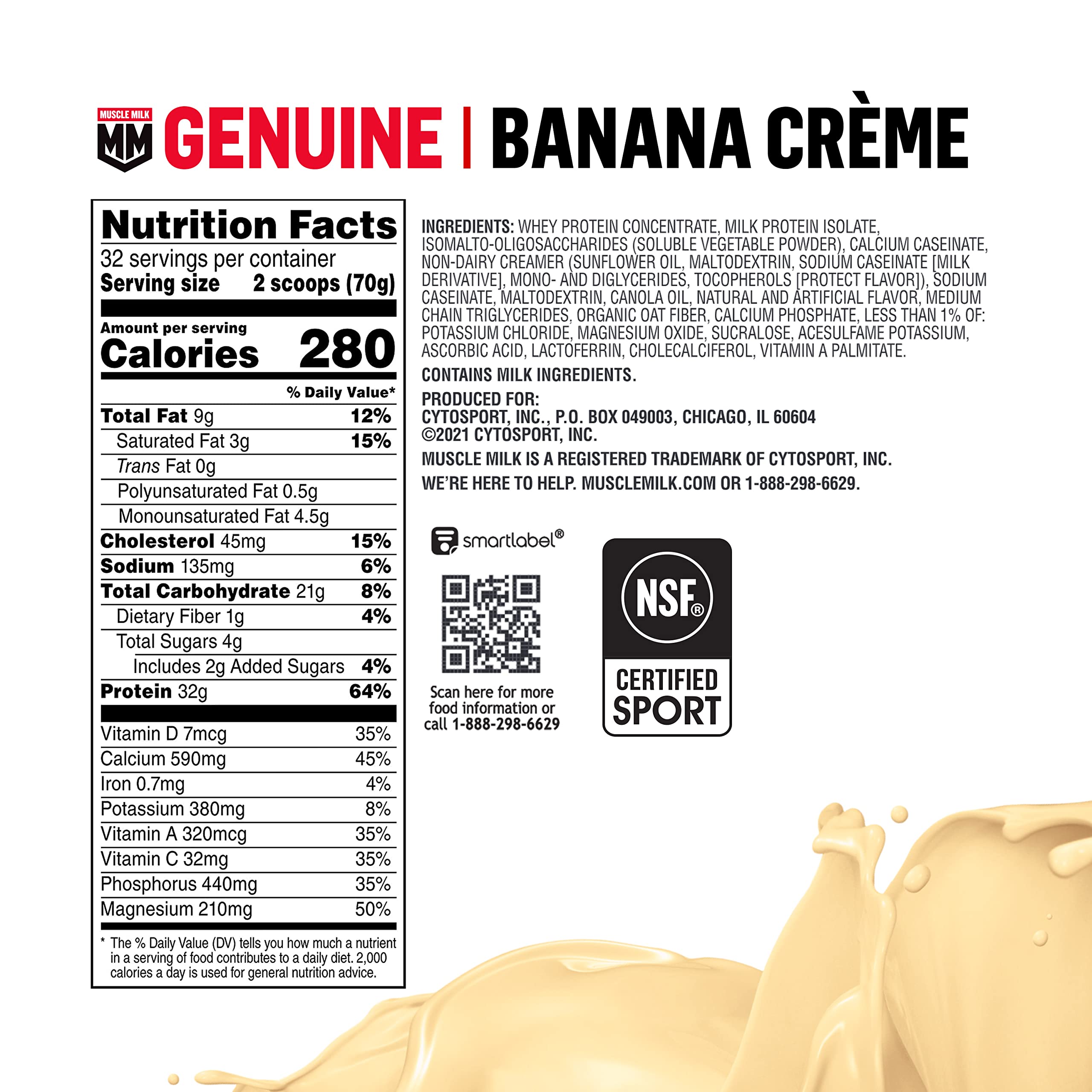 Muscle Milk Genuine Protein Powder - Banana Creme Flavor, 32g Protein per Serving, 4.94 lb (32 Servings) for Post-Workout Recovery & Muscle Growth | Ideal for Gym, Fitness & Weight Management