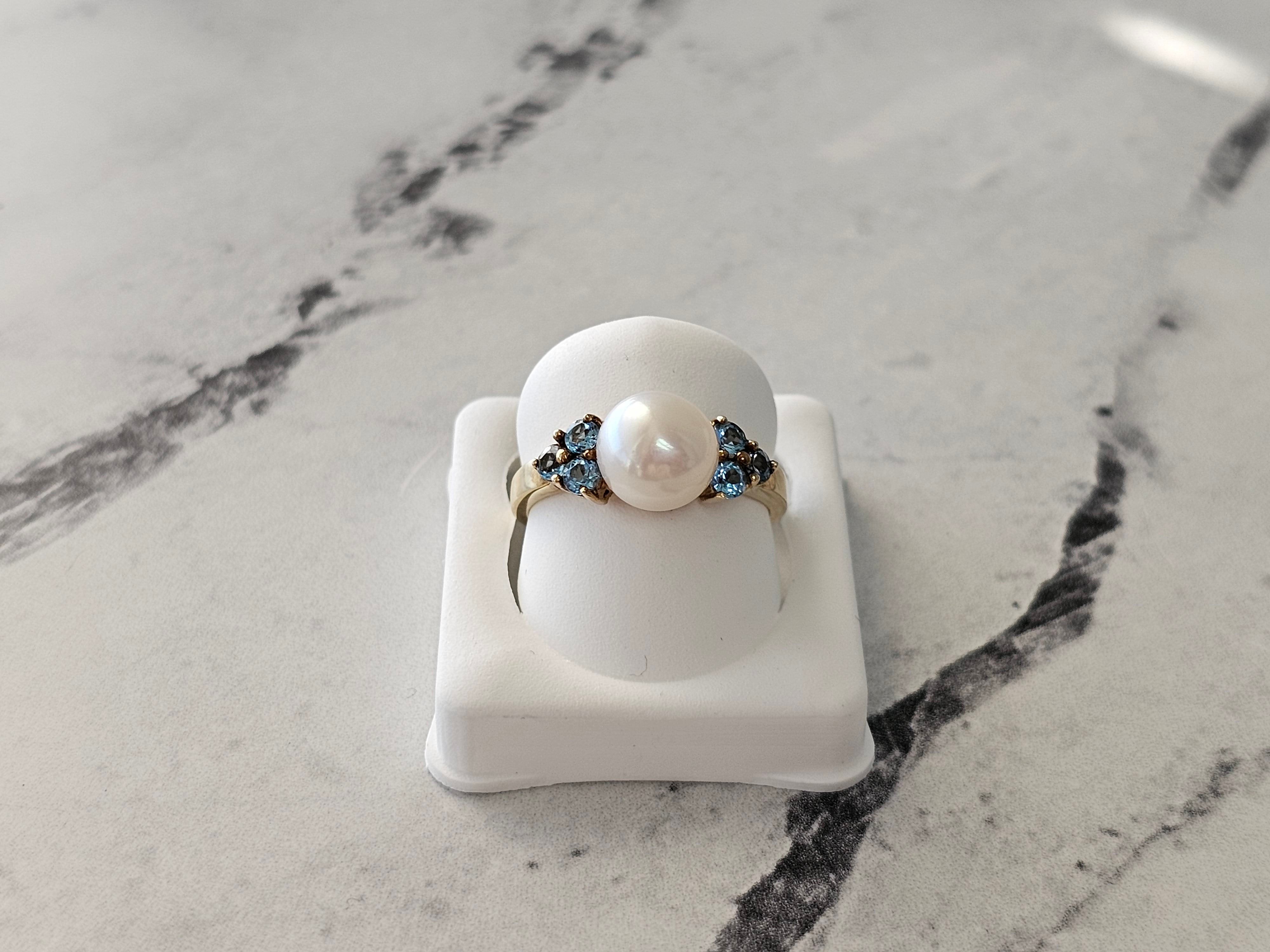 14k Yellow Gold Pearl Ring with Blue Topaz Accents - Elegant Jewelry for Weddings, Anniversaries & Special Occasions